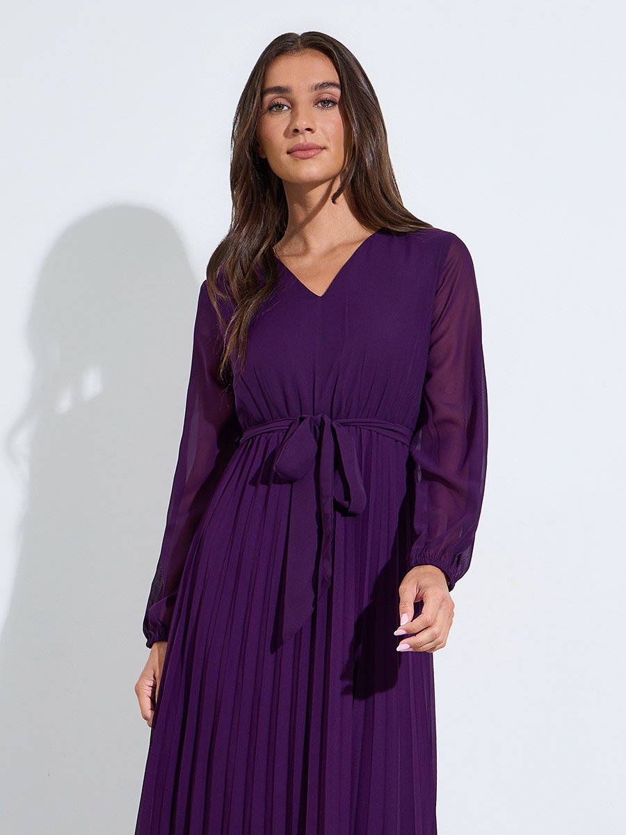 Purple Solid Tie-Up Waist Pleated Details V-Neck A-Line Midi Dress