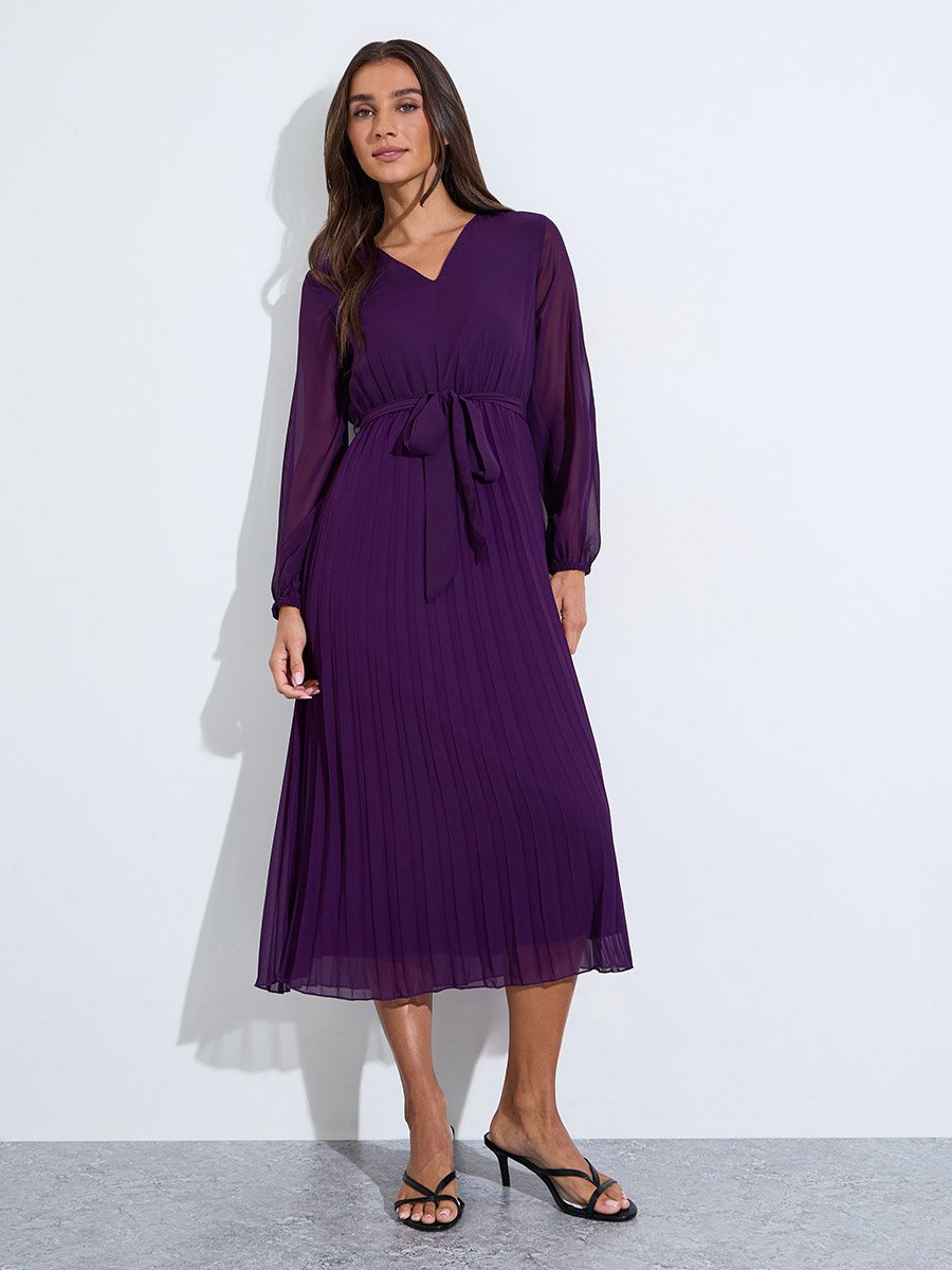 Purple Solid Tie-Up Waist Pleated Details V-Neck A-Line Midi Dress