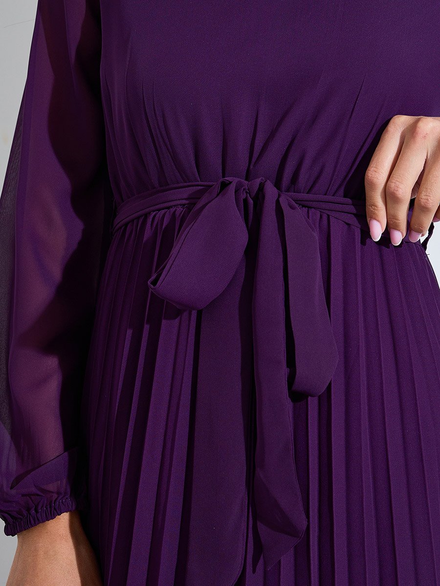 Purple Solid Tie-Up Waist Pleated Details V-Neck A-Line Midi Dress