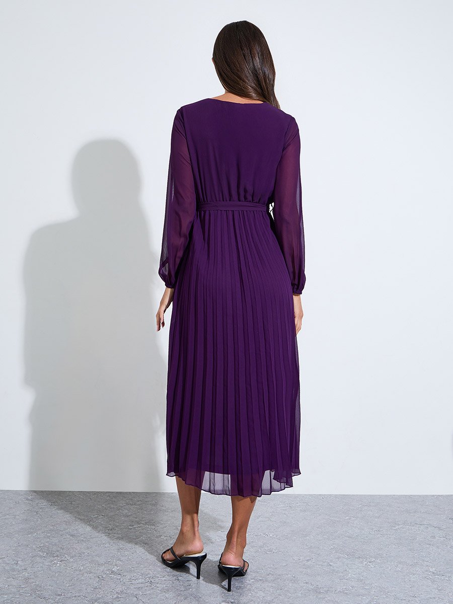 Purple Solid Tie-Up Waist Pleated Details V-Neck A-Line Midi Dress