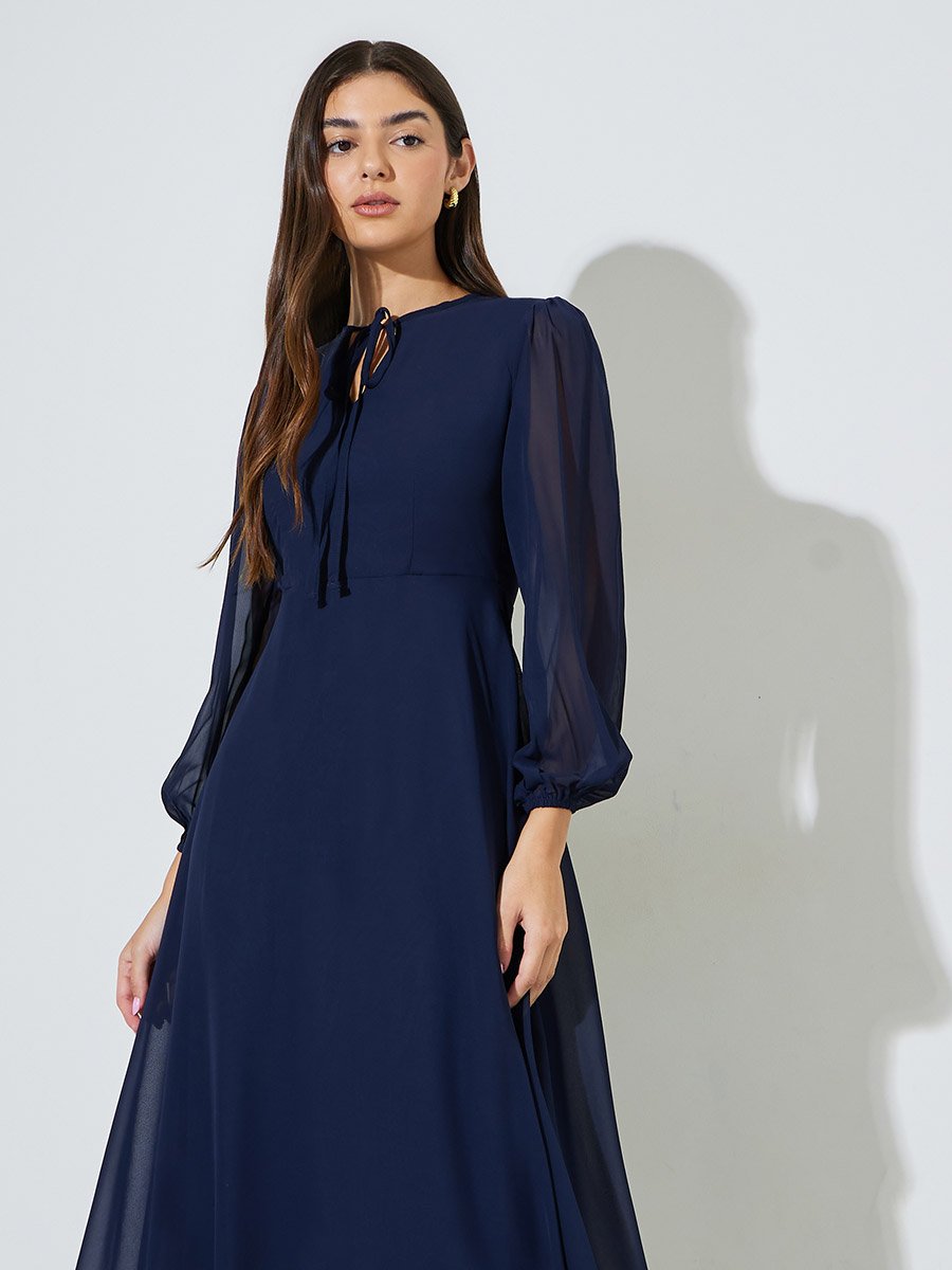 Navy Blue Solid Tie-Up Neck A-Line Midi Dress
