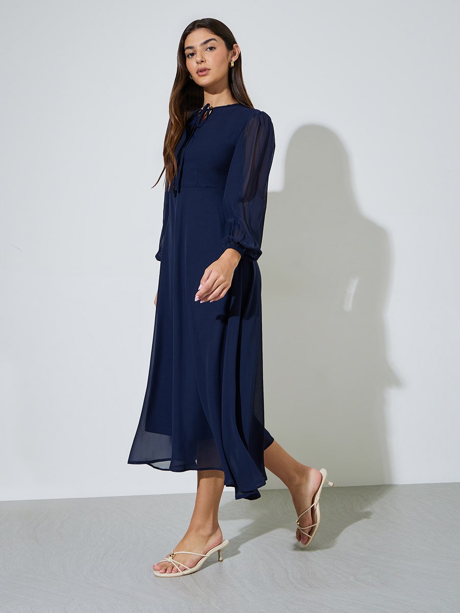 Navy Blue Solid Tie-Up Neck A-Line Midi Dress