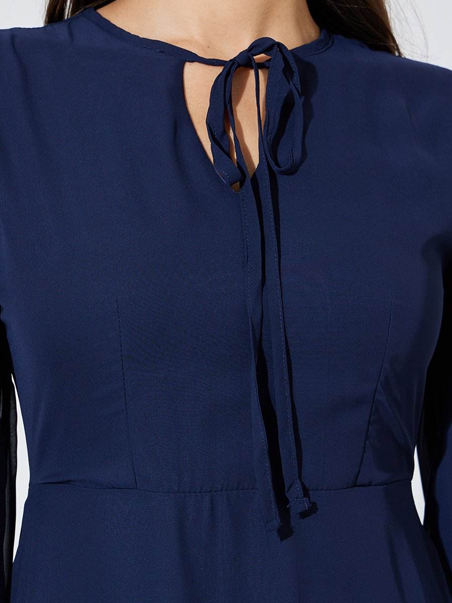 Navy Blue Solid Tie-Up Neck A-Line Midi Dress