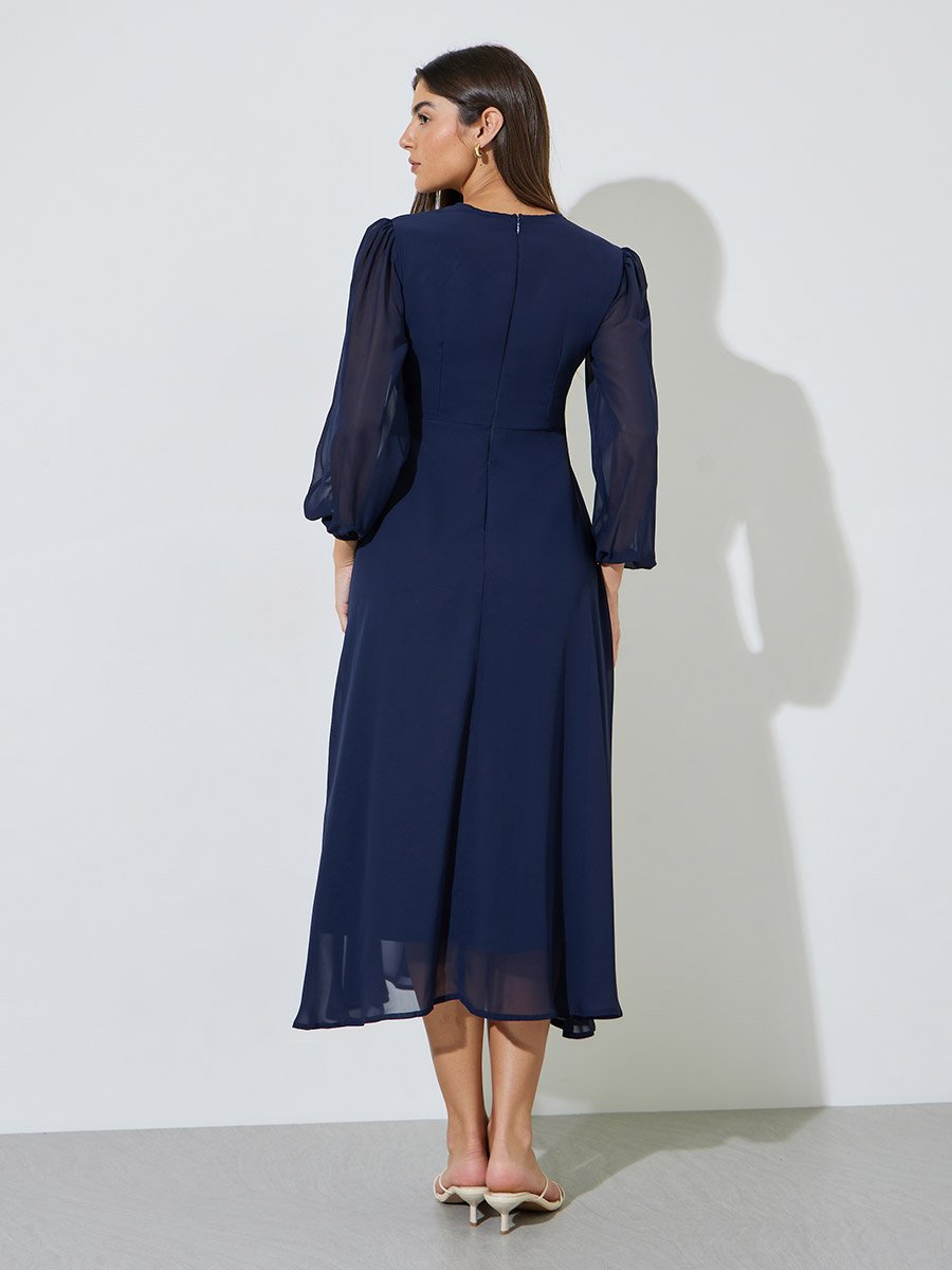 Navy Blue Solid Tie-Up Neck A-Line Midi Dress