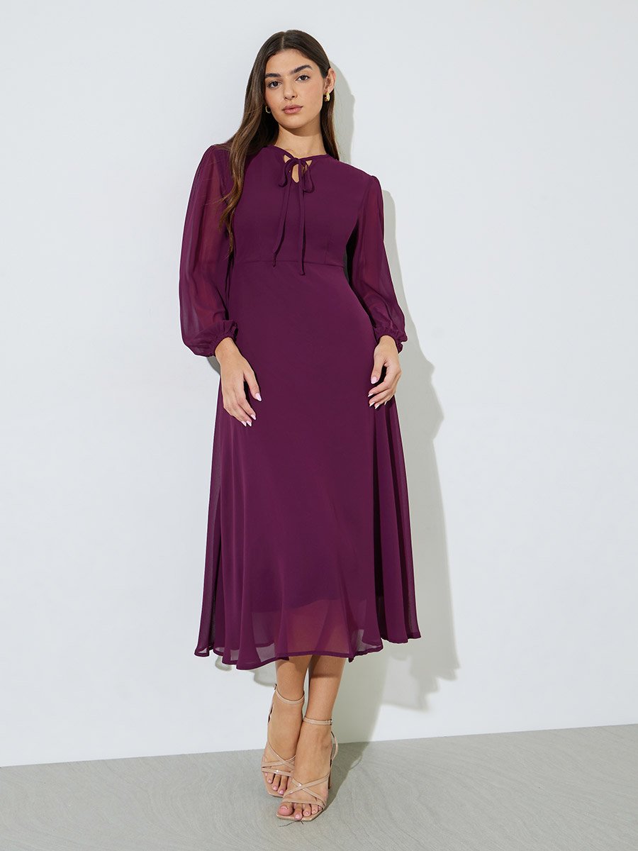 Magenta Solid Tie-Up Neck A-Line Midi Dress