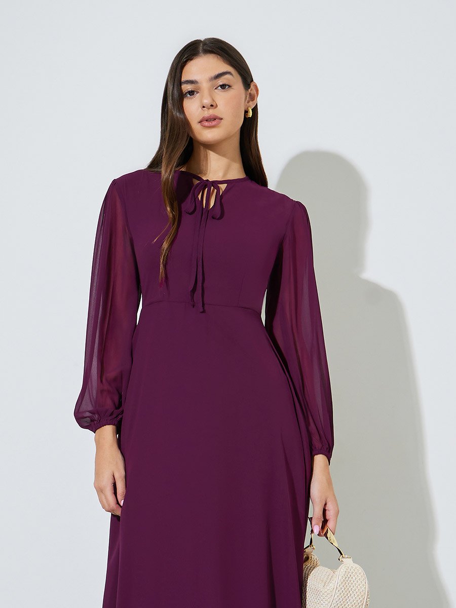 Magenta Solid Tie-Up Neck A-Line Midi Dress
