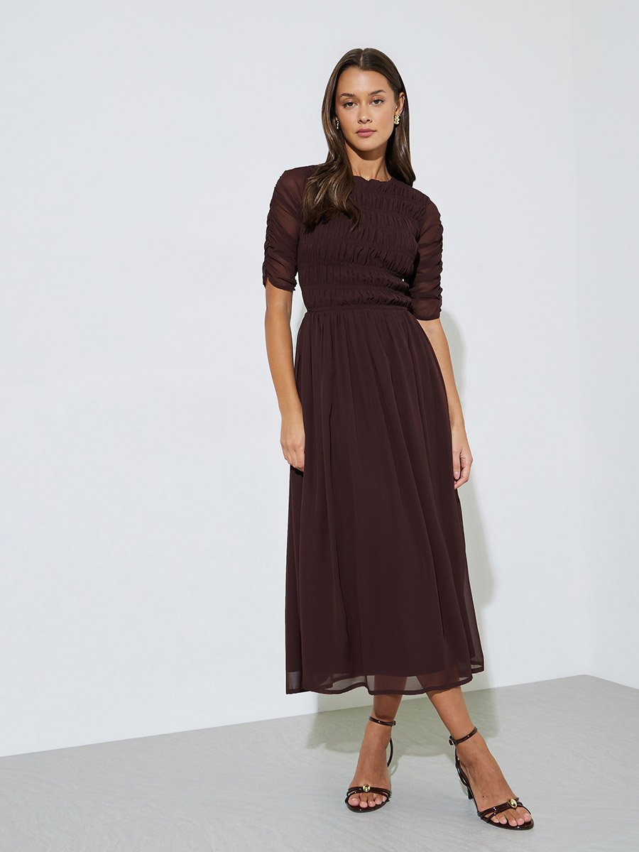 Brown Solid Smoked Details A-Line Maxi Dress