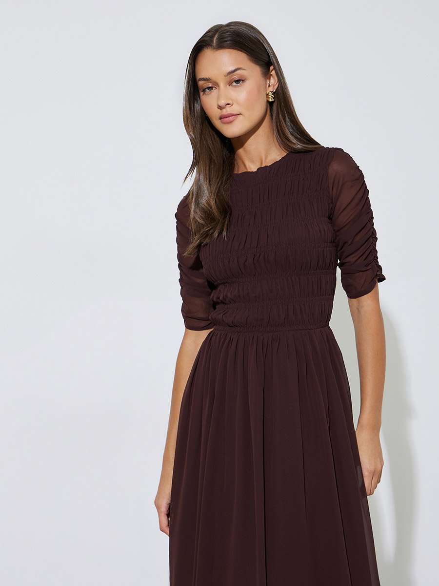 Brown Solid Smoked Details A-Line Maxi Dress