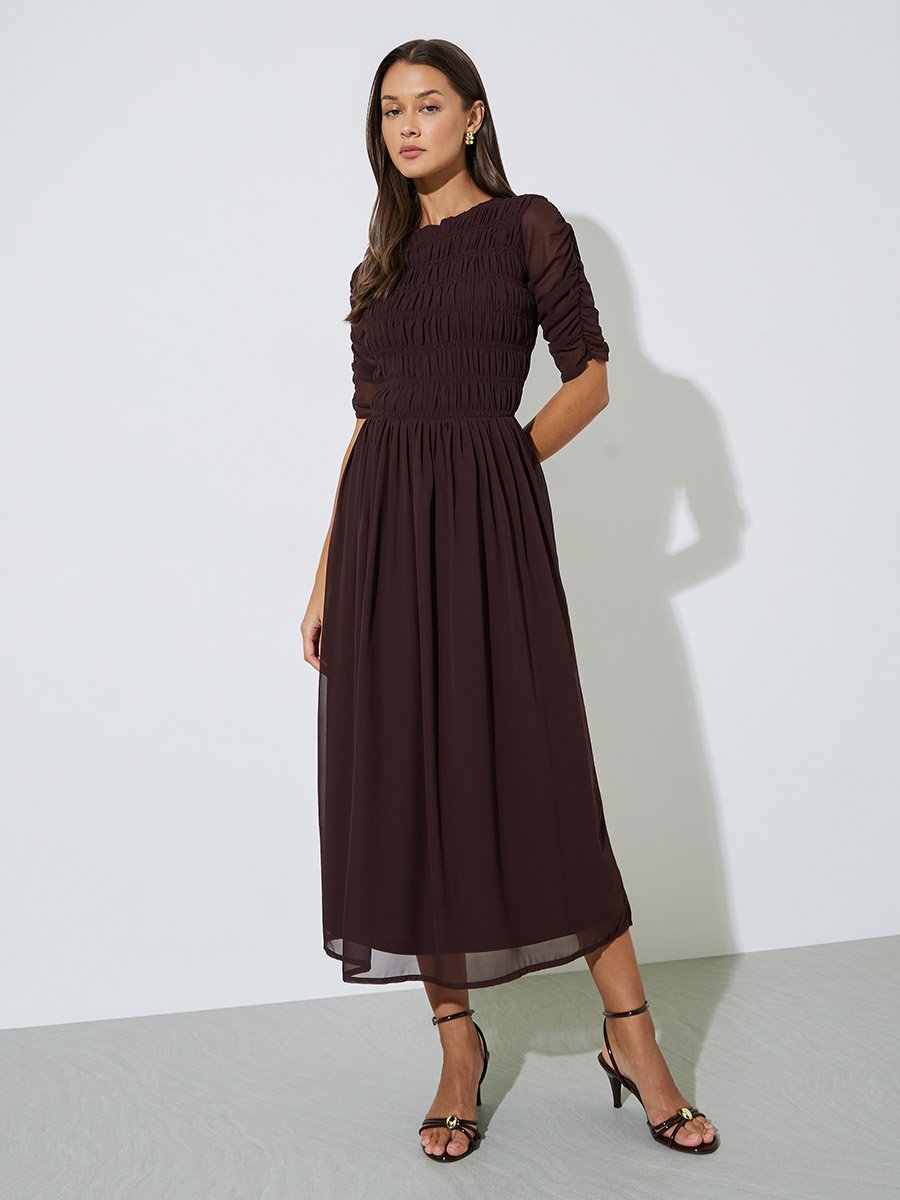 Brown Solid Smoked Details A-Line Maxi Dress