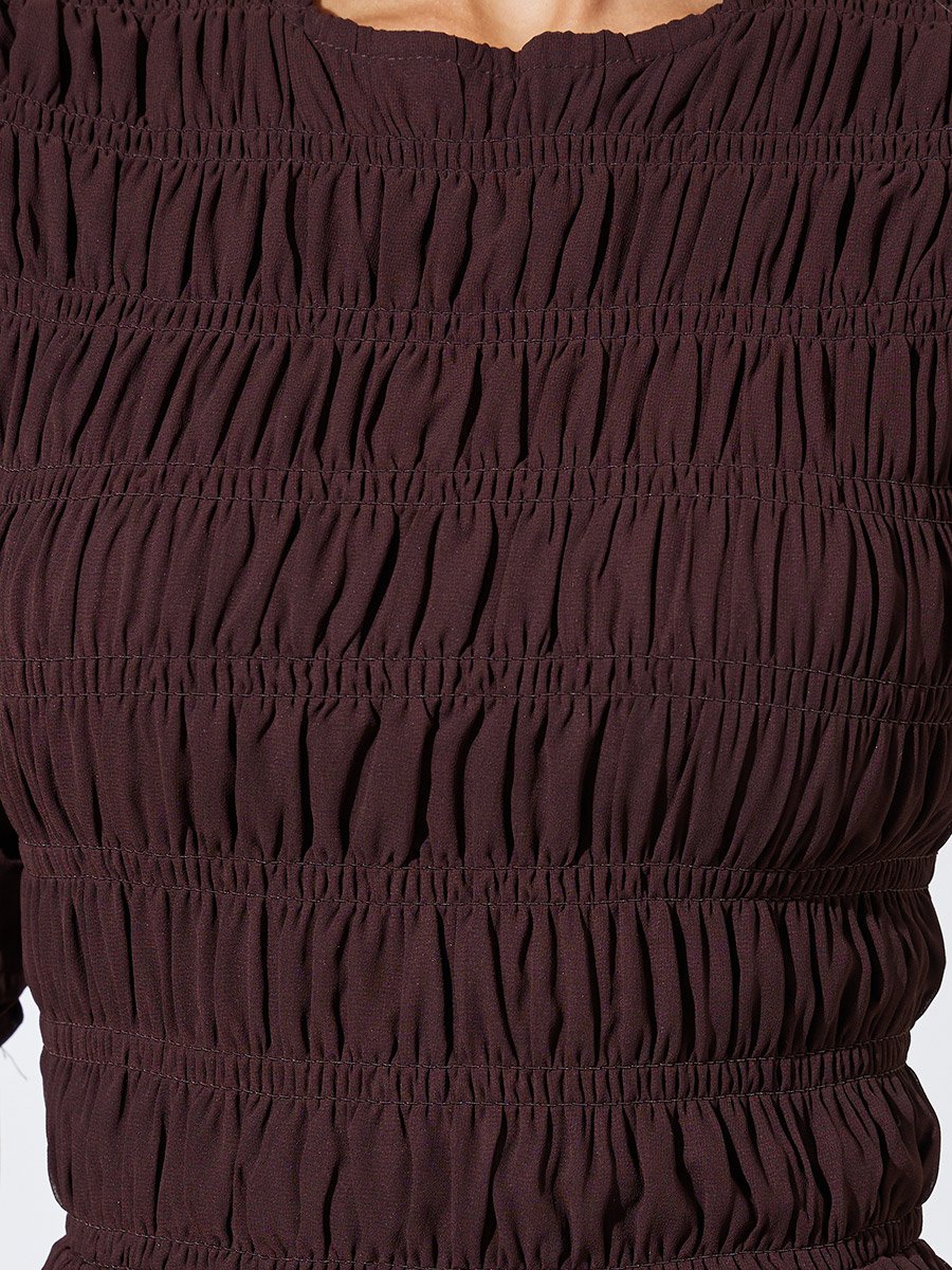 Brown Solid Smoked Details A-Line Maxi Dress