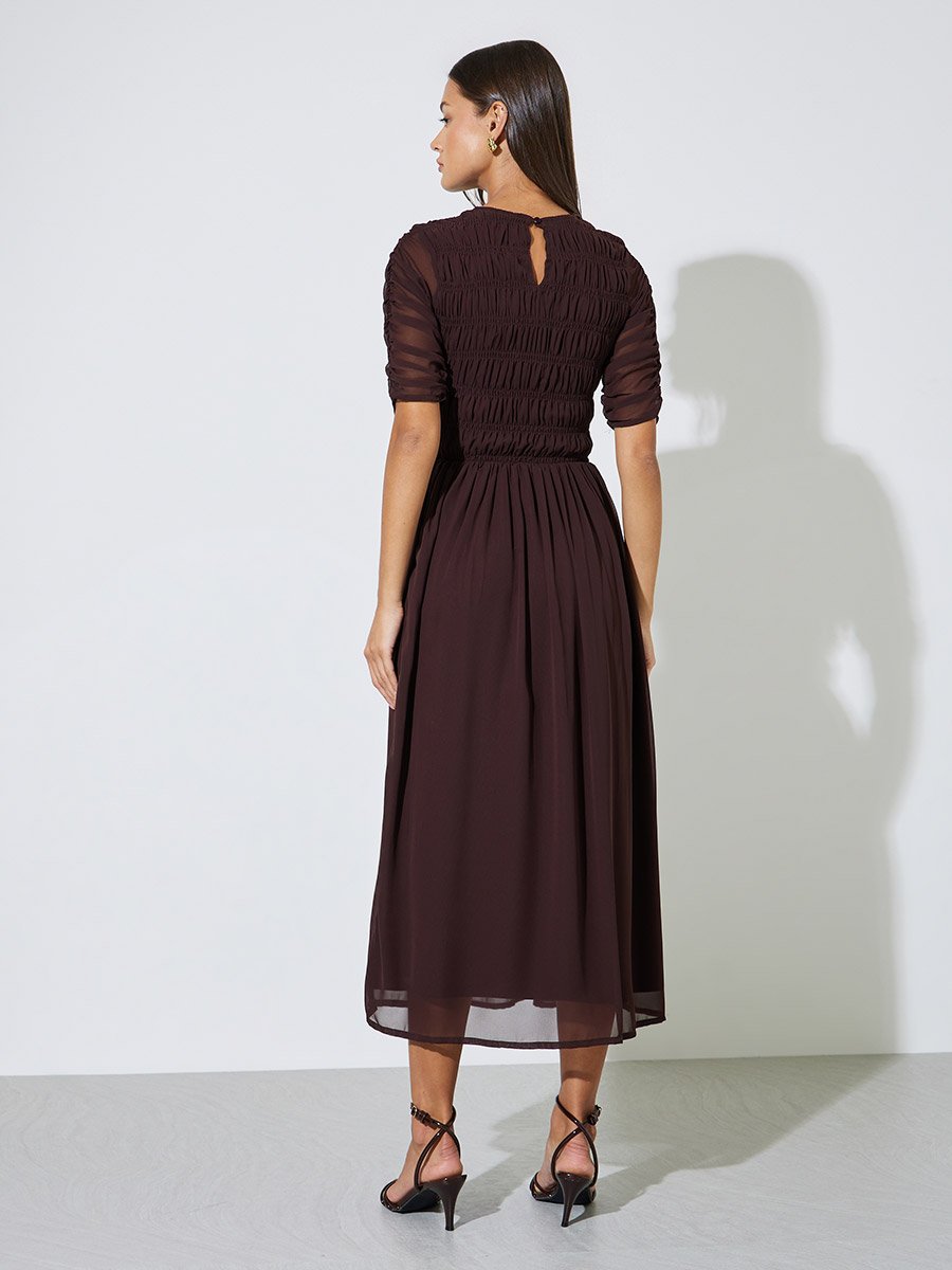 Brown Solid Smoked Details A-Line Maxi Dress