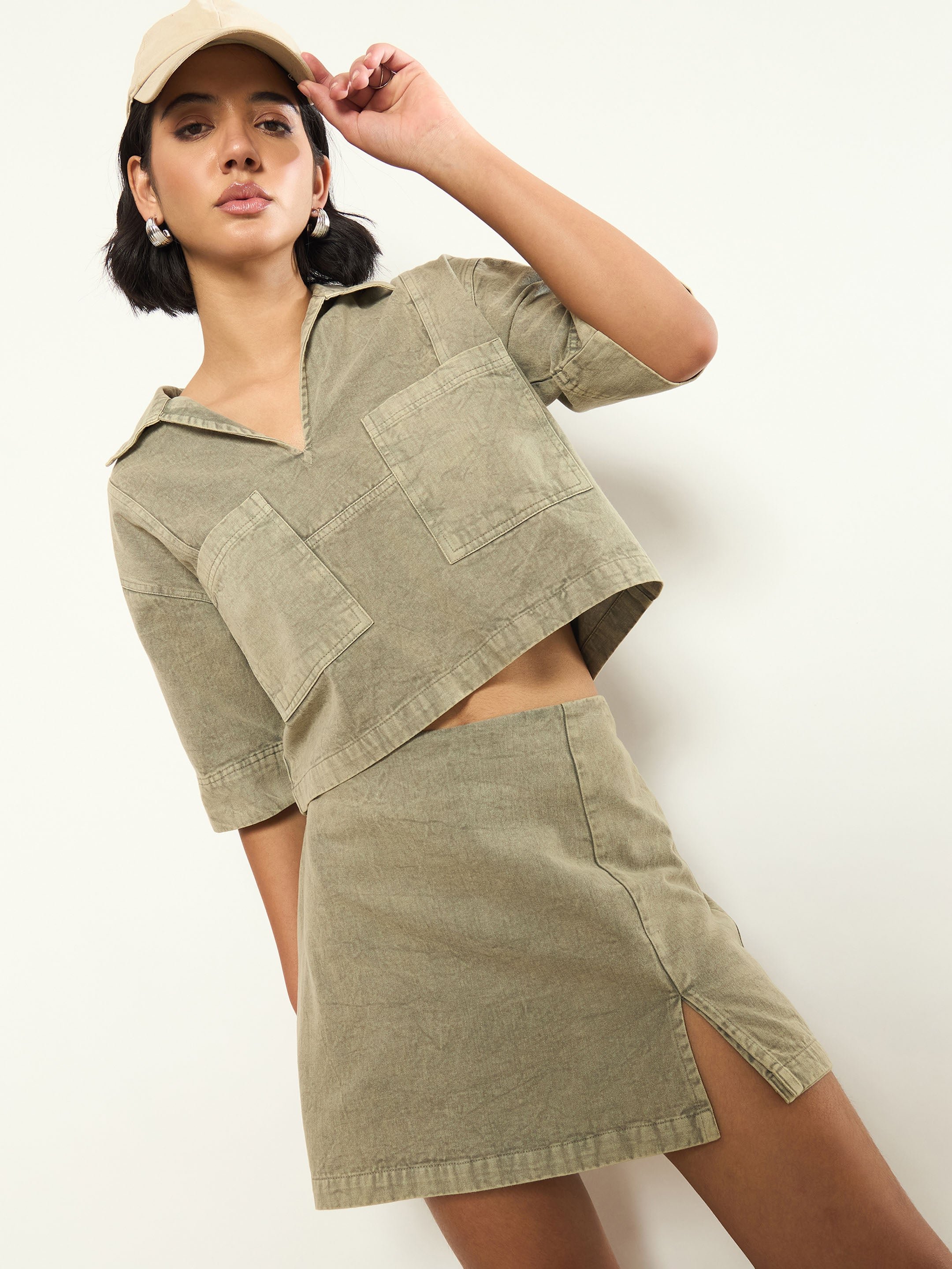 Olive Overdyed Patch Pocket Crop Top and Skorts Co-ord Set