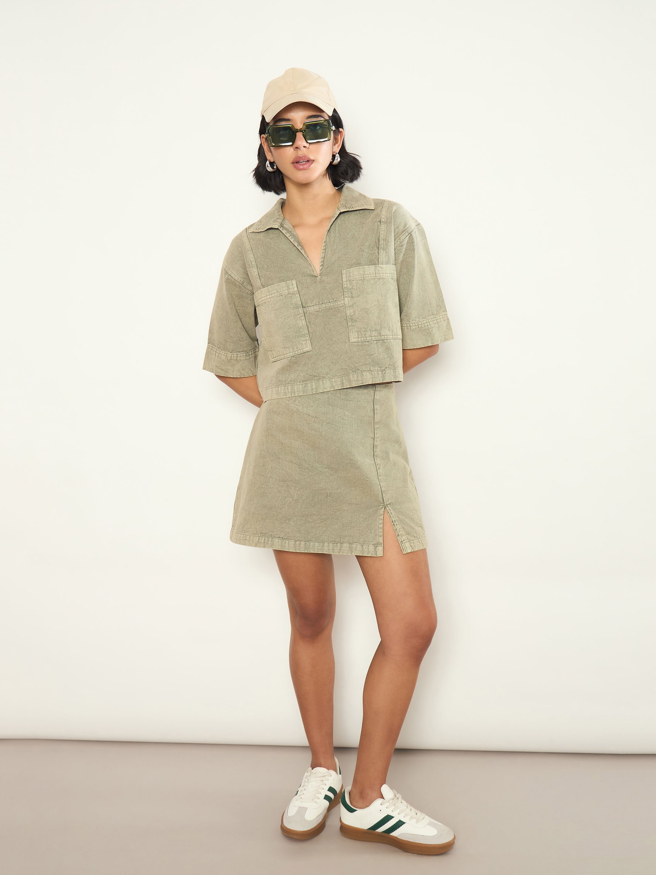 Olive Overdyed Patch Pocket Crop Top and Skorts Co-ord Set
