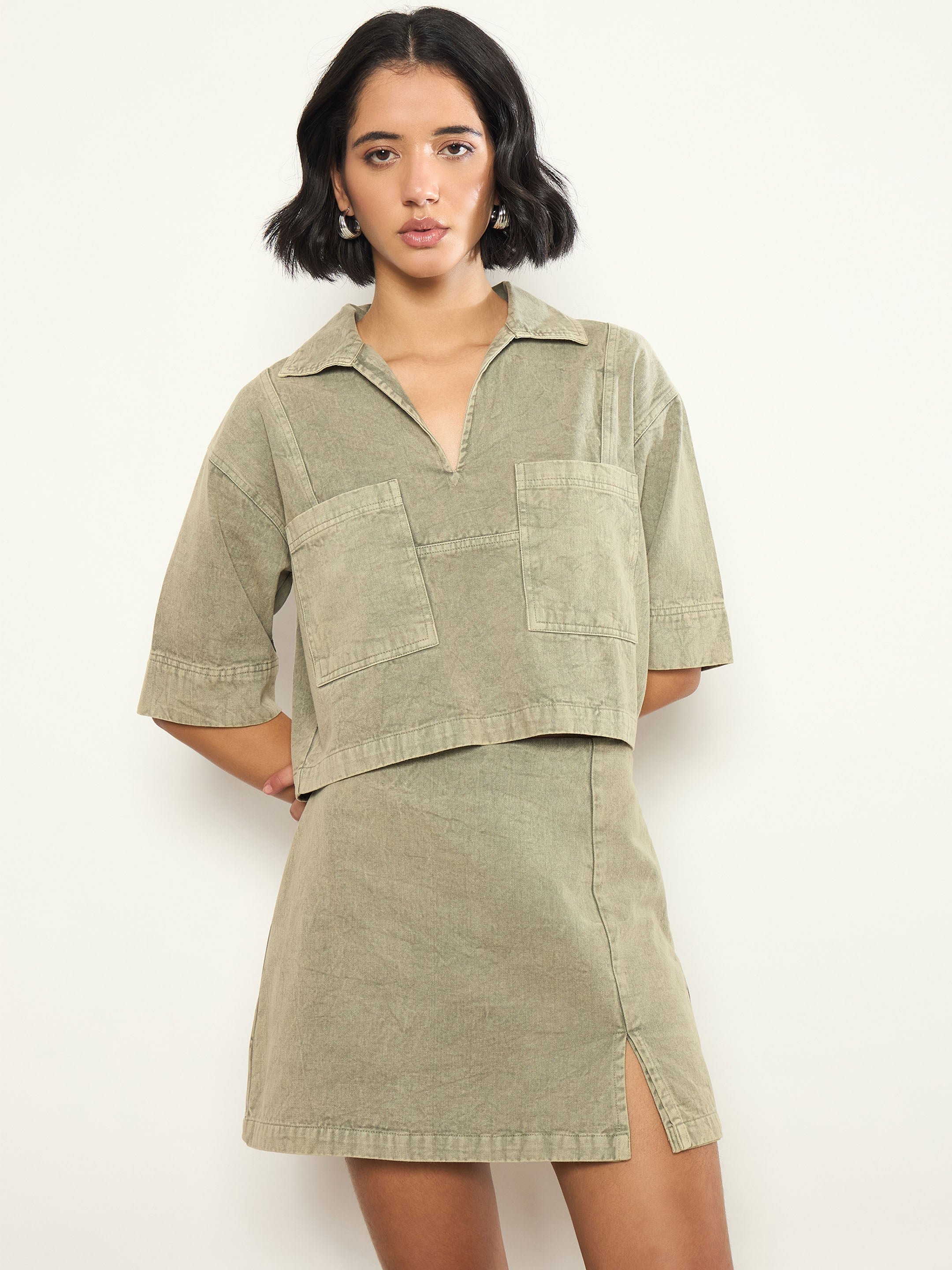 Olive Overdyed Patch Pocket Crop Top and Skorts Co-ord Set