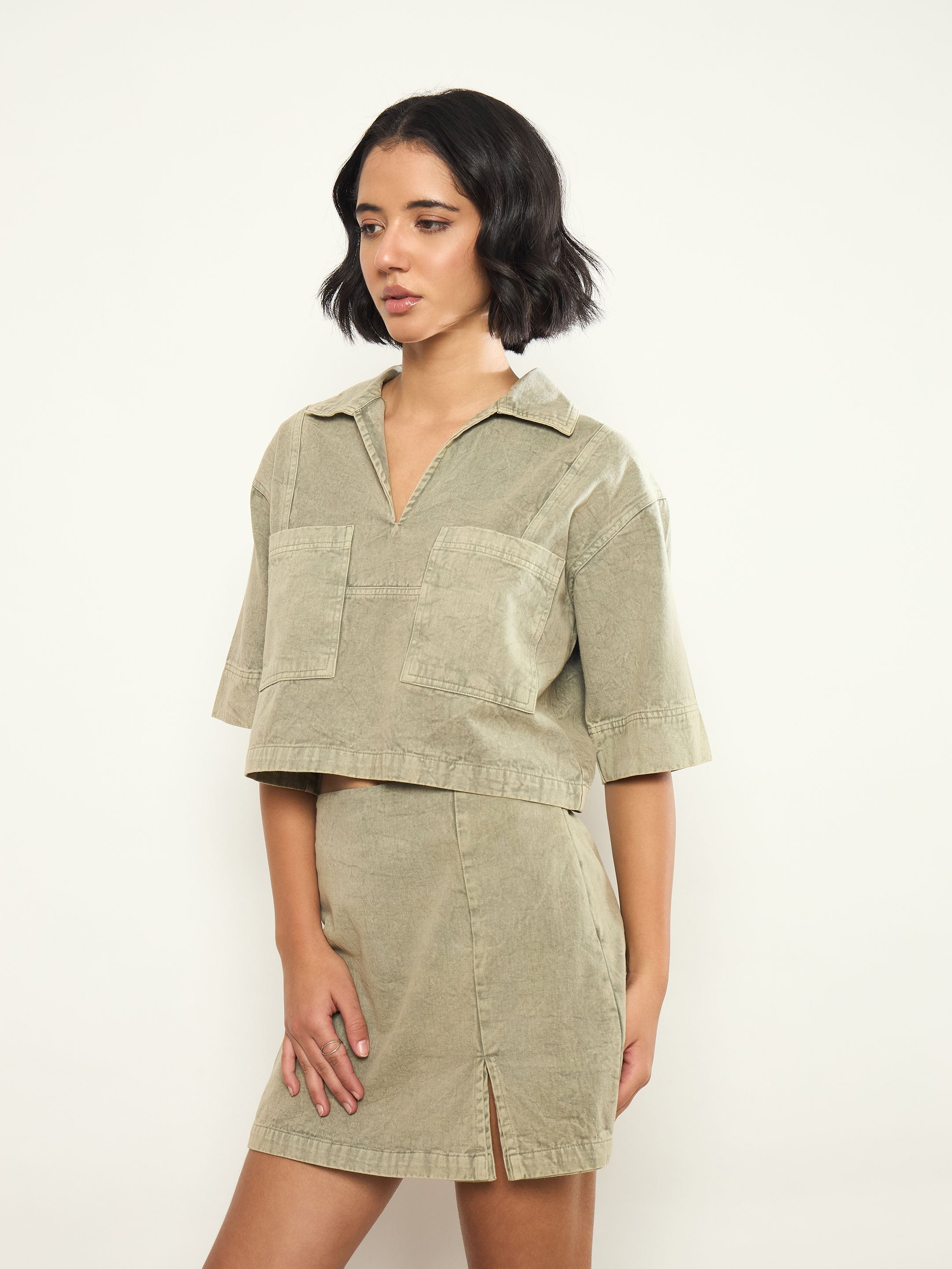 Olive Overdyed Patch Pocket Crop Top and Skorts Co-ord Set