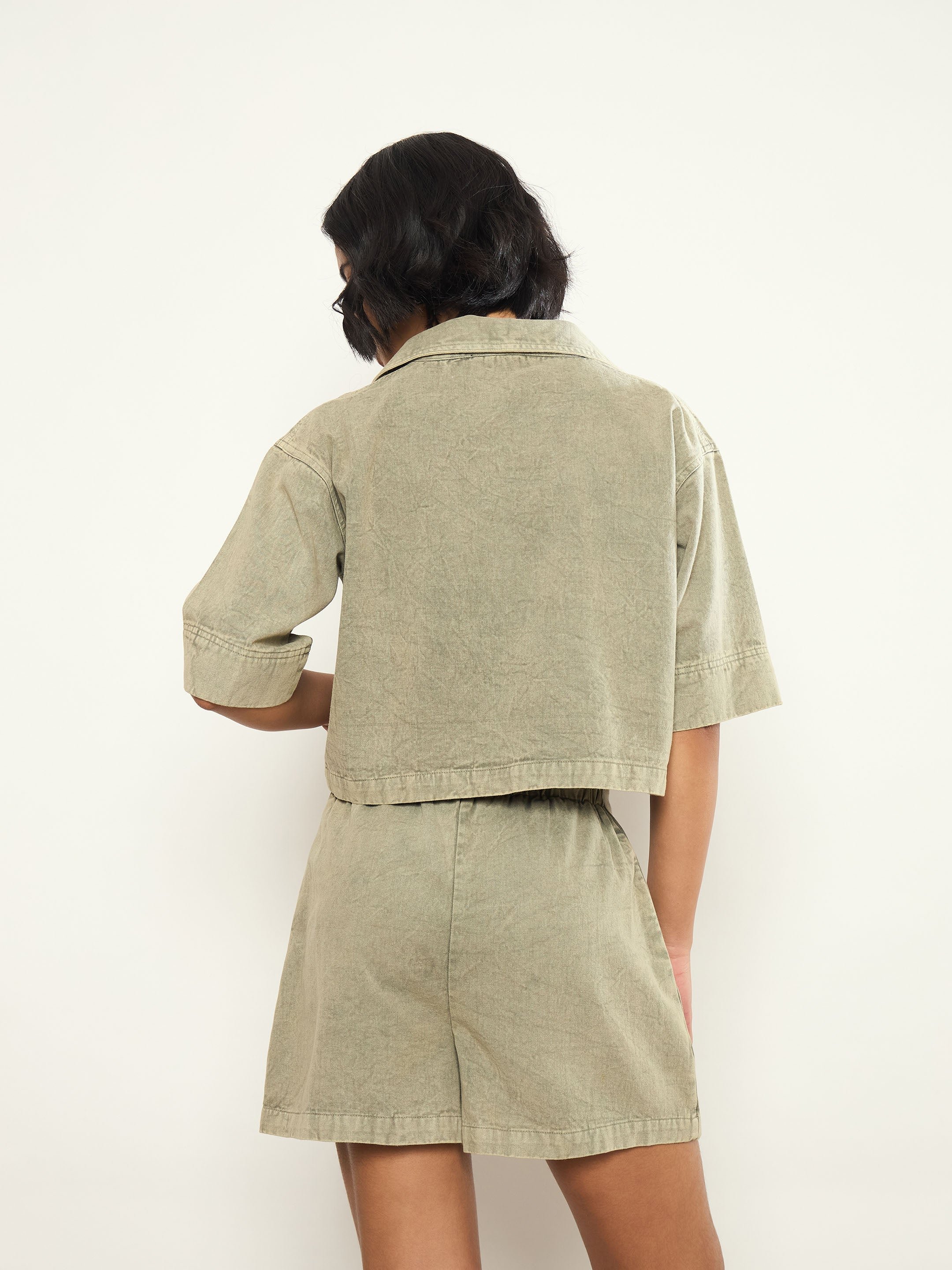Olive Overdyed Patch Pocket Crop Top and Skorts Co-ord Set