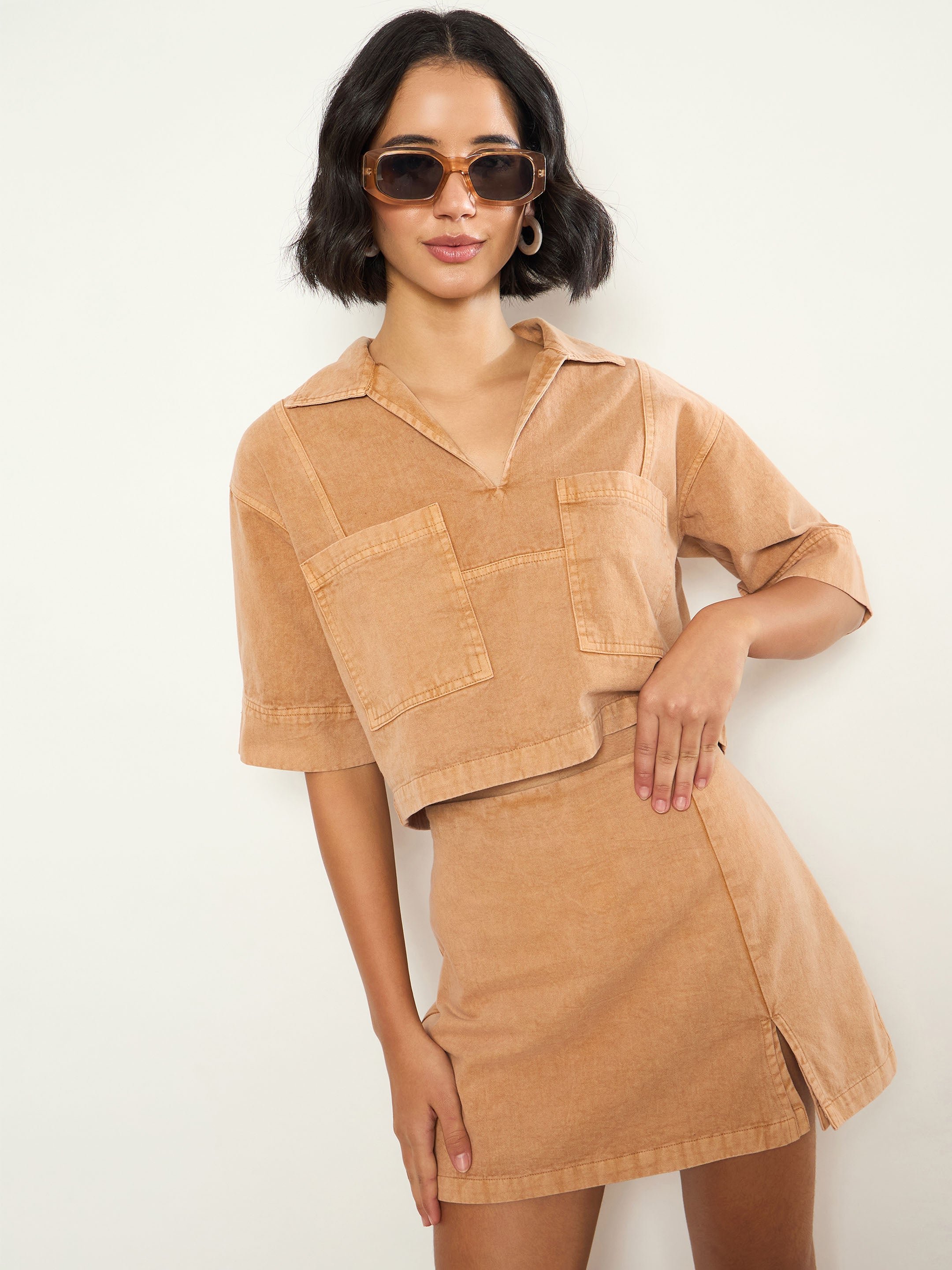 Beige Overdyed Patch Pocket Crop Top and Skorts Co-ord Set
