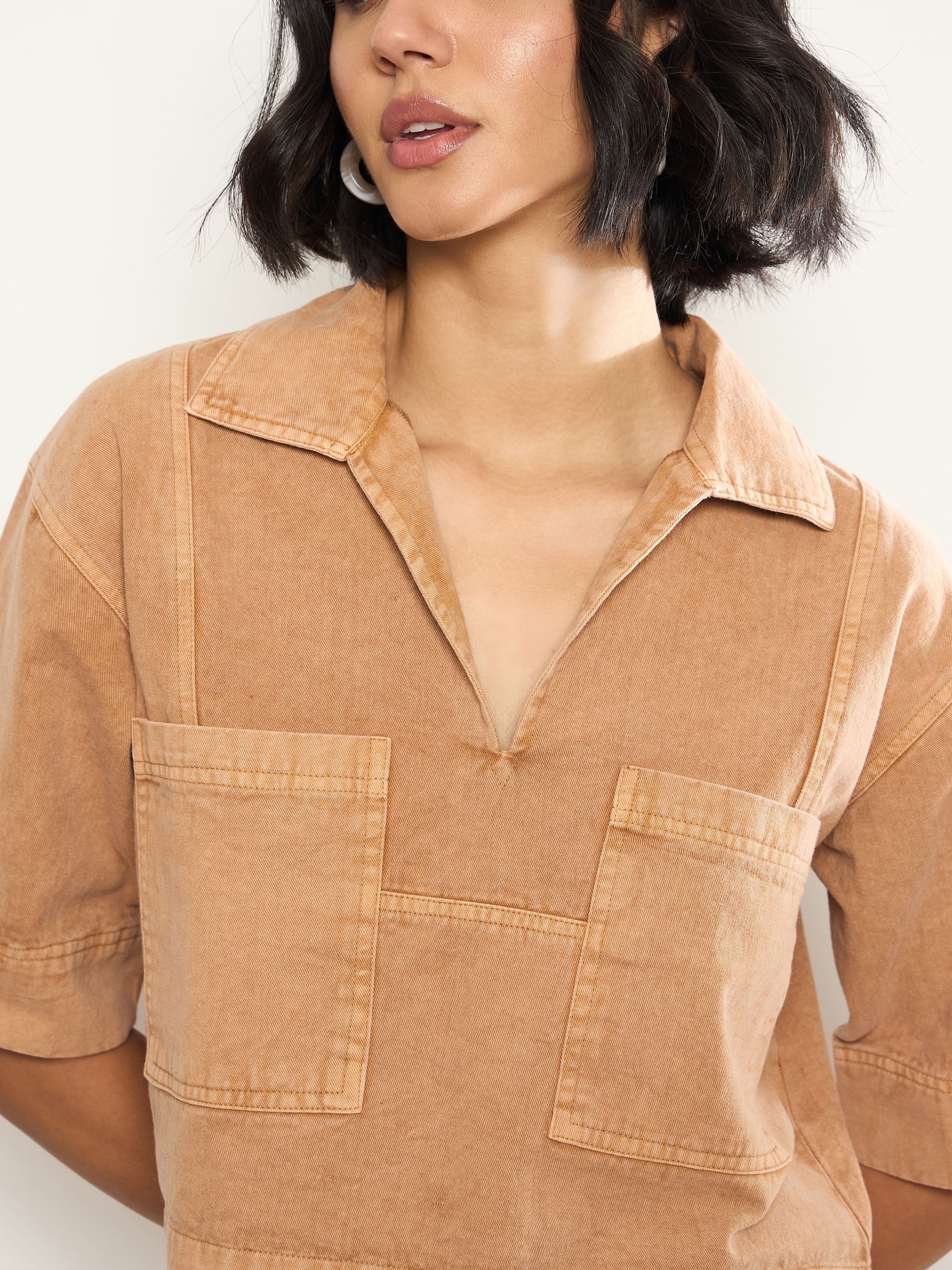 Beige Overdyed Patch Pocket Crop Top and Skorts Co-ord Set