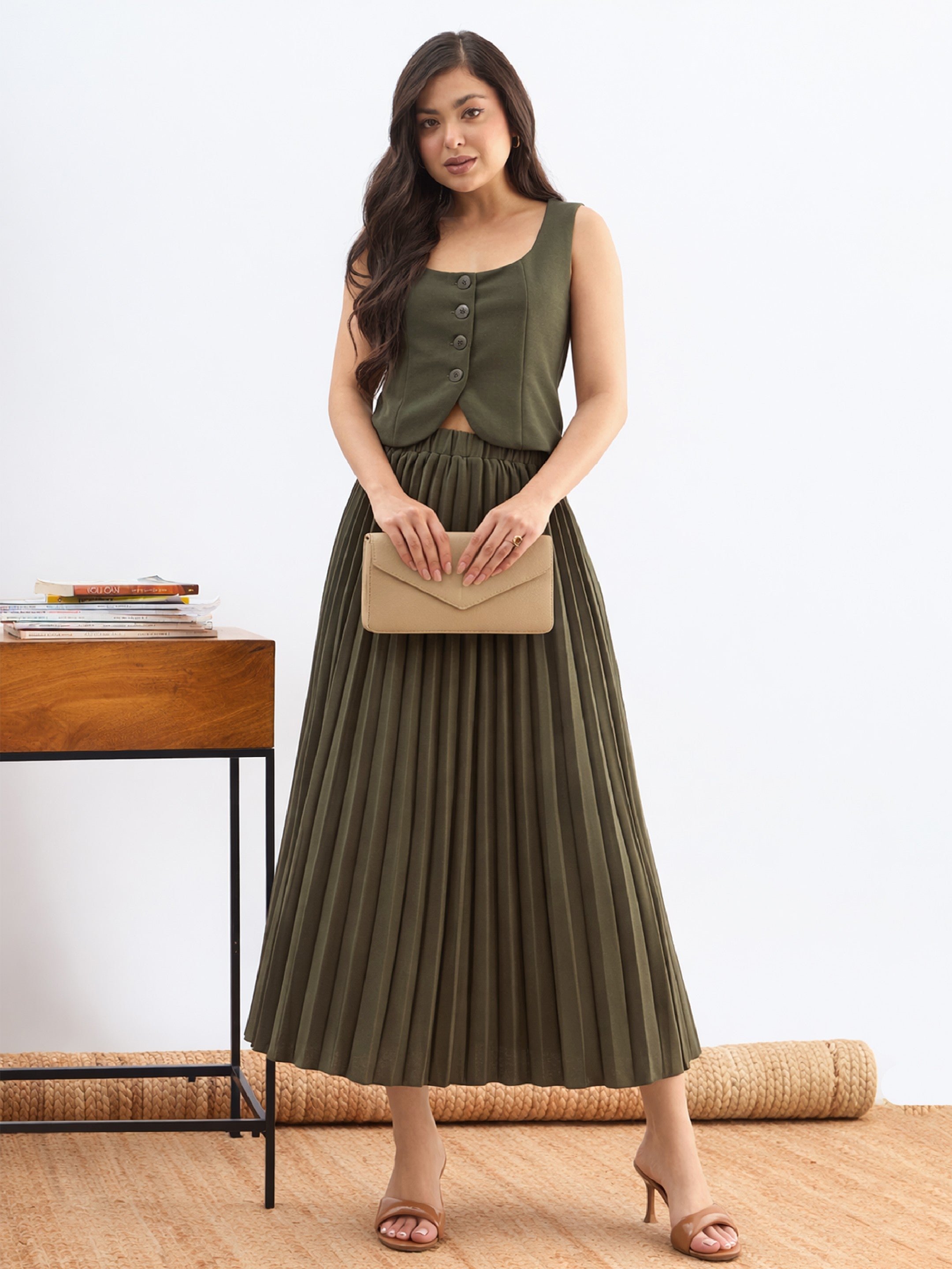 Olive Sleeveless Waistcoat and Pleated Skirt Co-ord Set