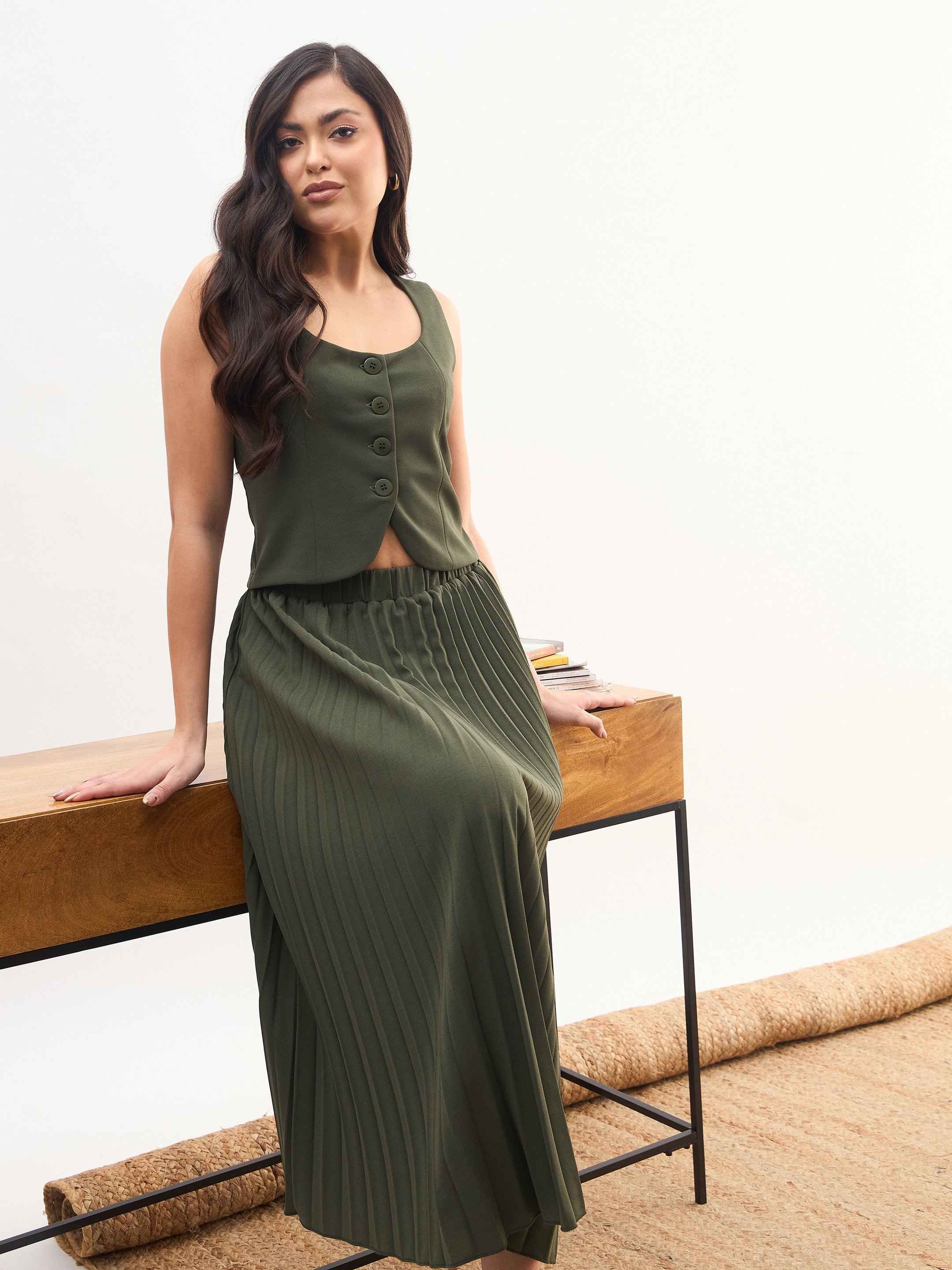 Olive Sleeveless Waistcoat and Pleated Skirt Co-ord Set