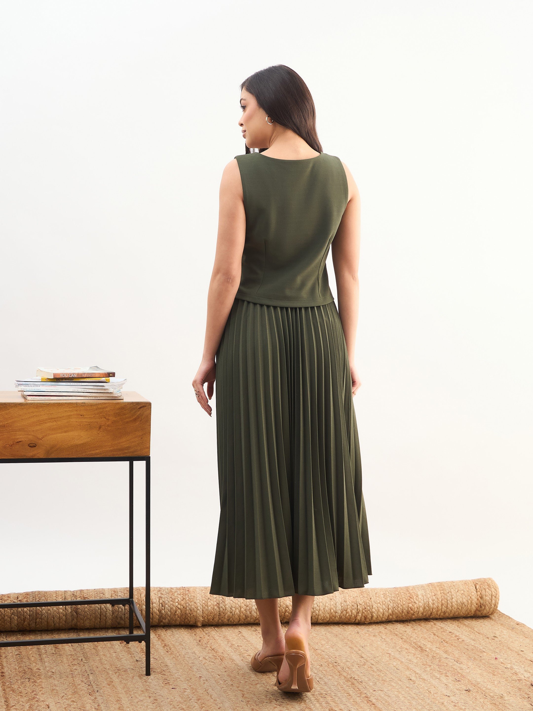 Olive Sleeveless Waistcoat and Pleated Skirt Co-ord Set