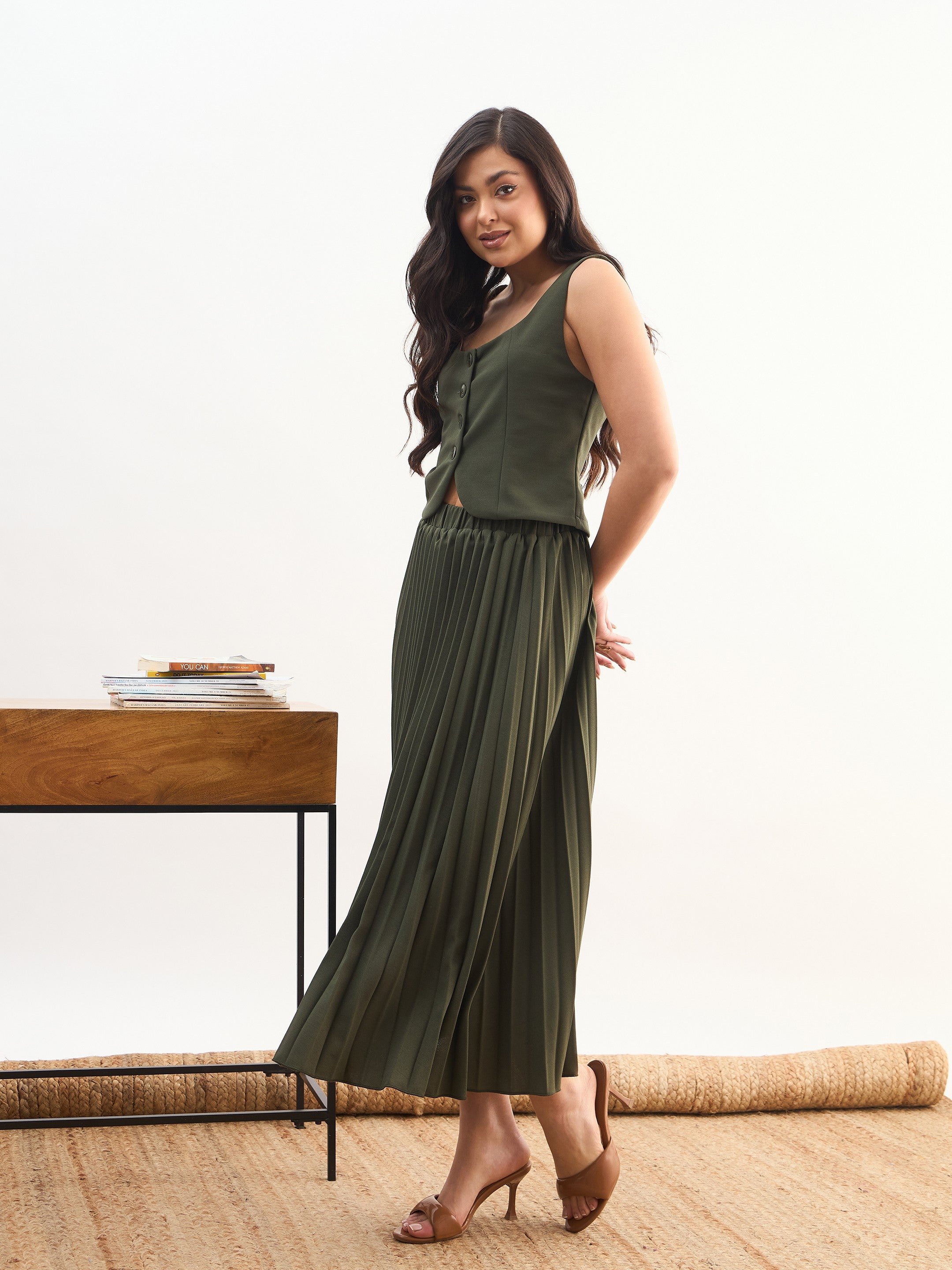 Olive Sleeveless Waistcoat and Pleated Skirt Co-ord Set