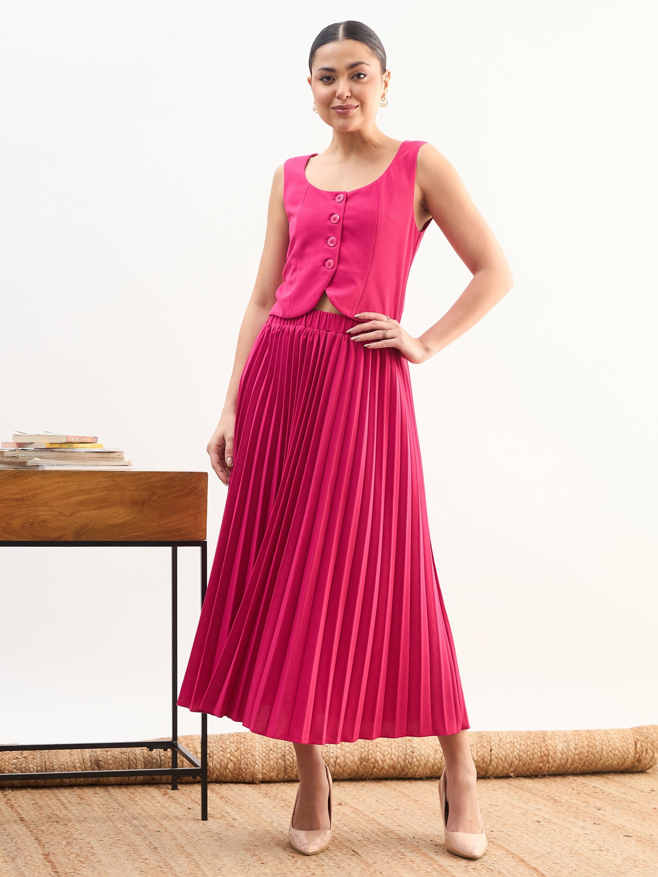 Fuchsia Sleeveless Waistcoat and Pleated Skirt Co-ord Set