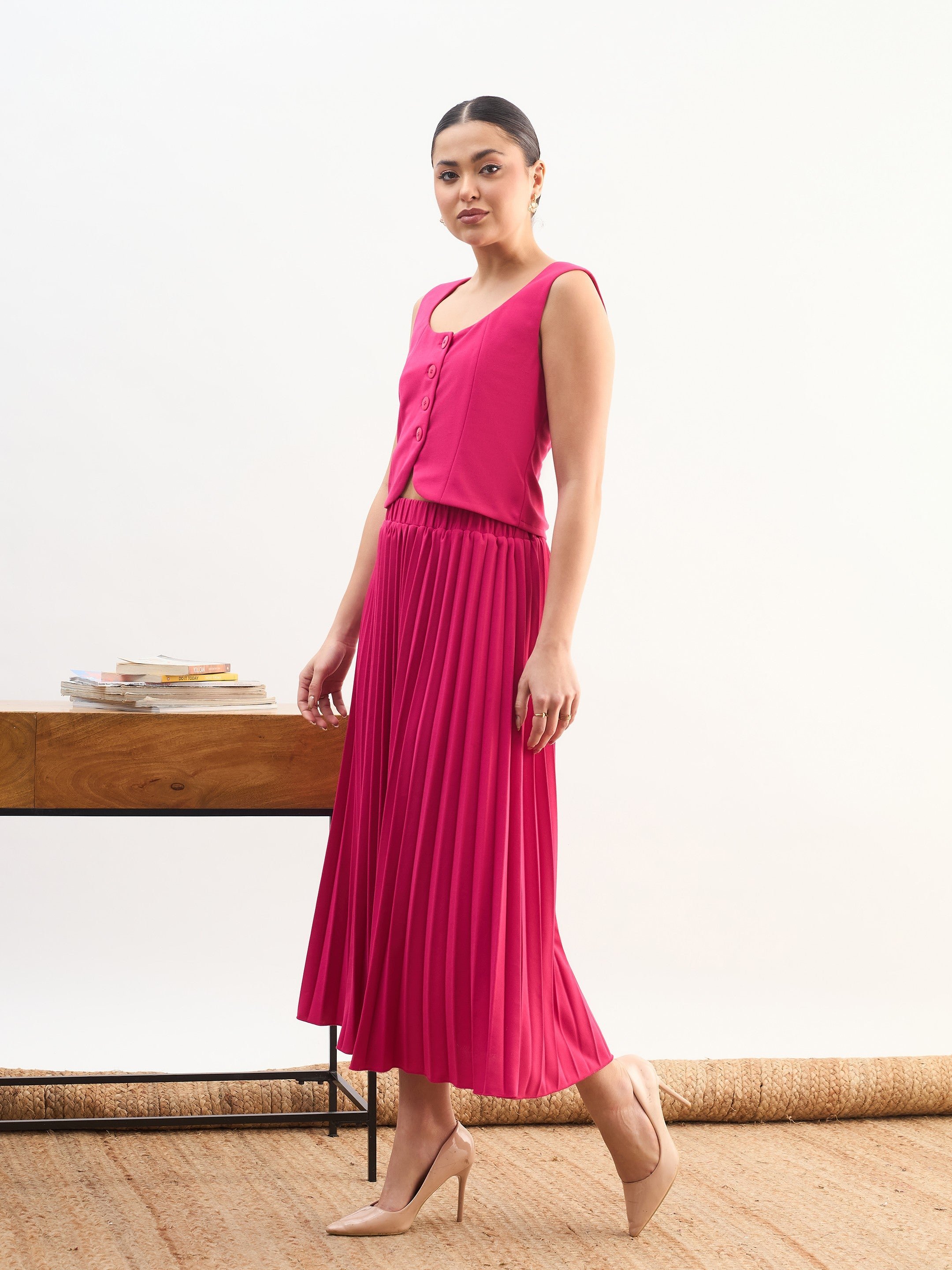 Fuchsia Sleeveless Waistcoat and Pleated Skirt Co-ord Set