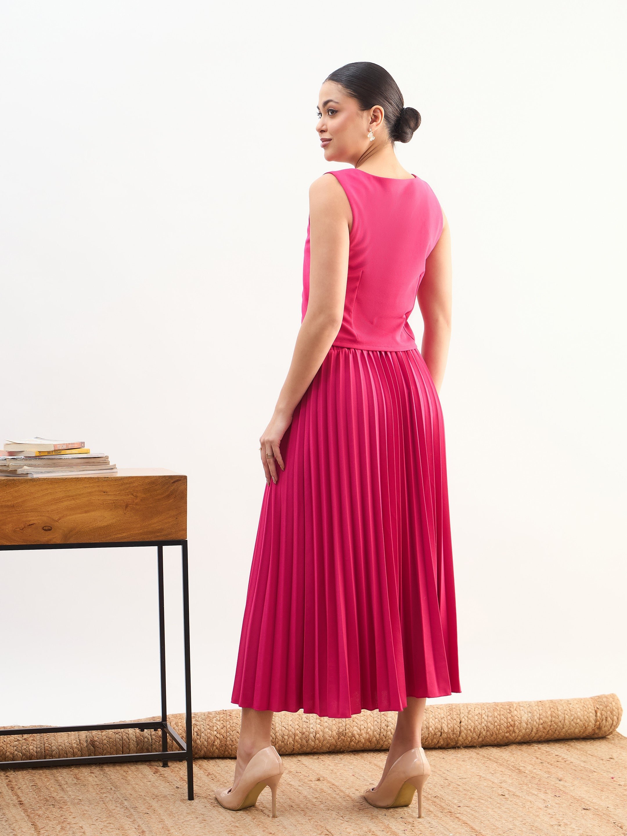 Fuchsia Sleeveless Waistcoat and Pleated Skirt Co-ord Set