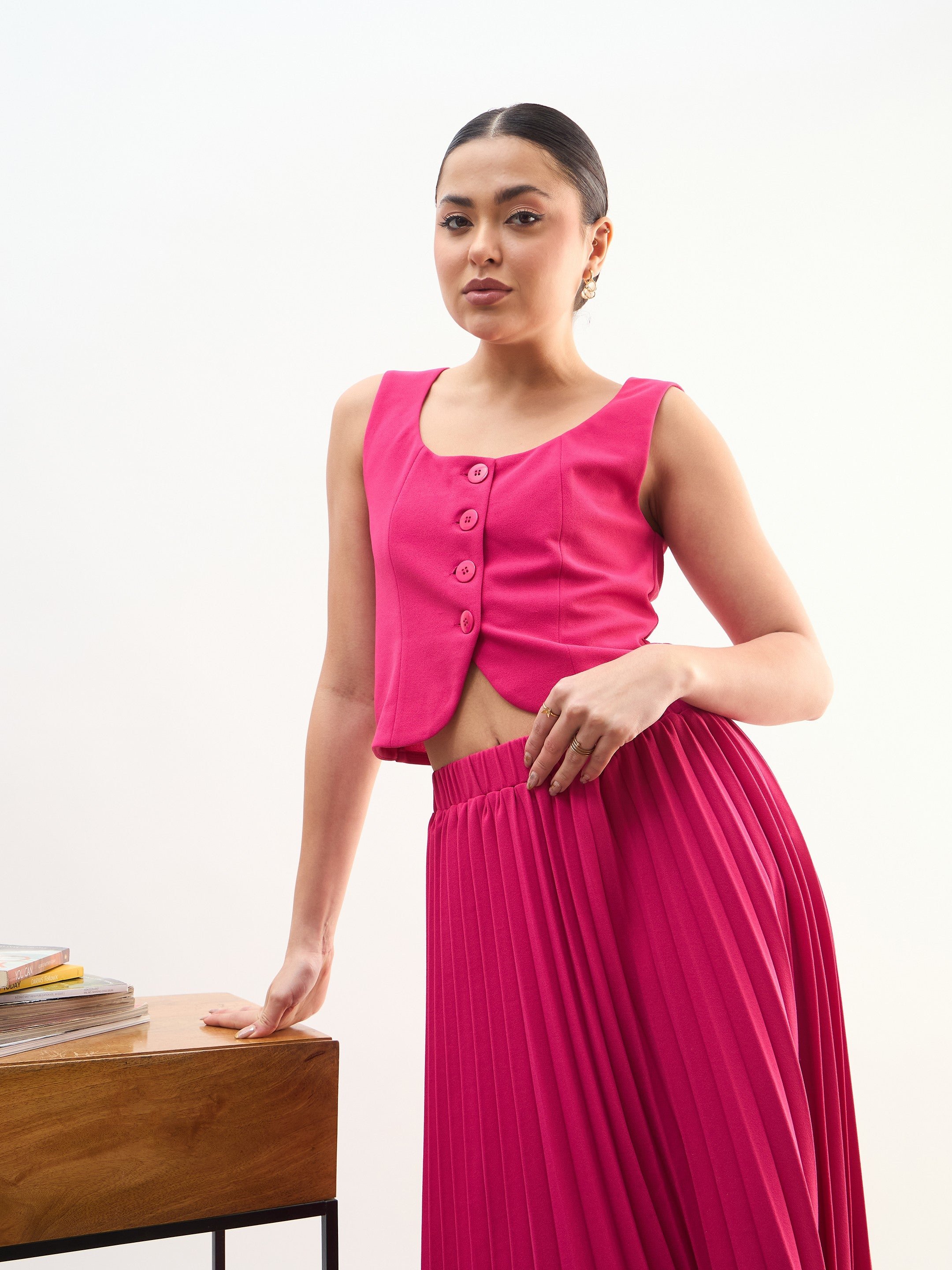 Fuchsia Sleeveless Waistcoat and Pleated Skirt Co-ord Set