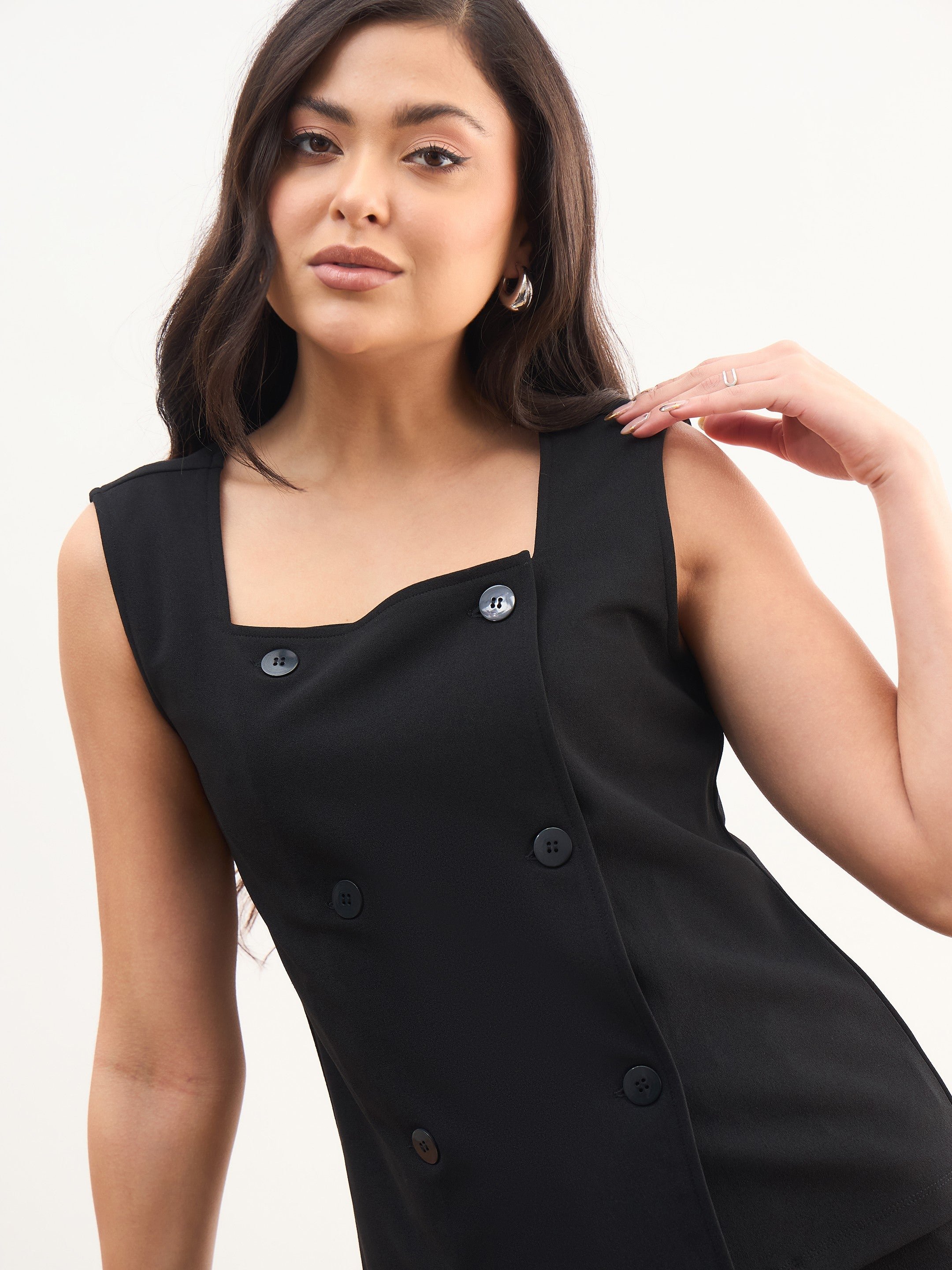 Black Sleeveless Button Top and Straight Trousers Co-ord Set