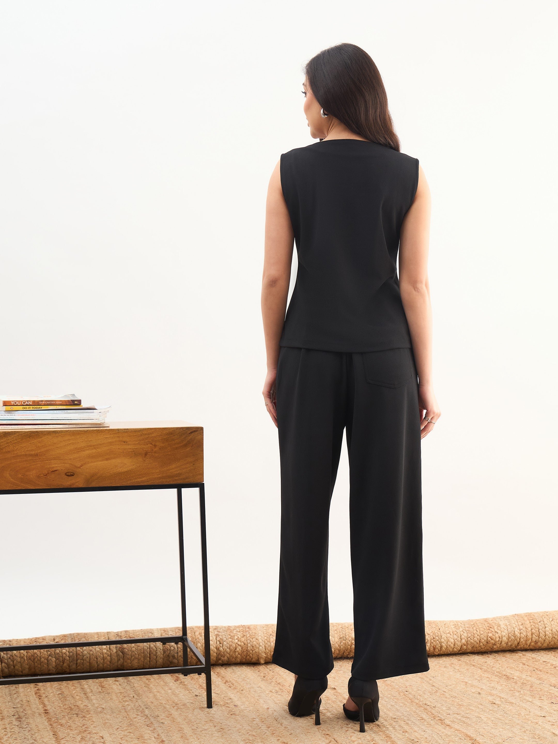 Black Sleeveless Button Top and Straight Trousers Co-ord Set