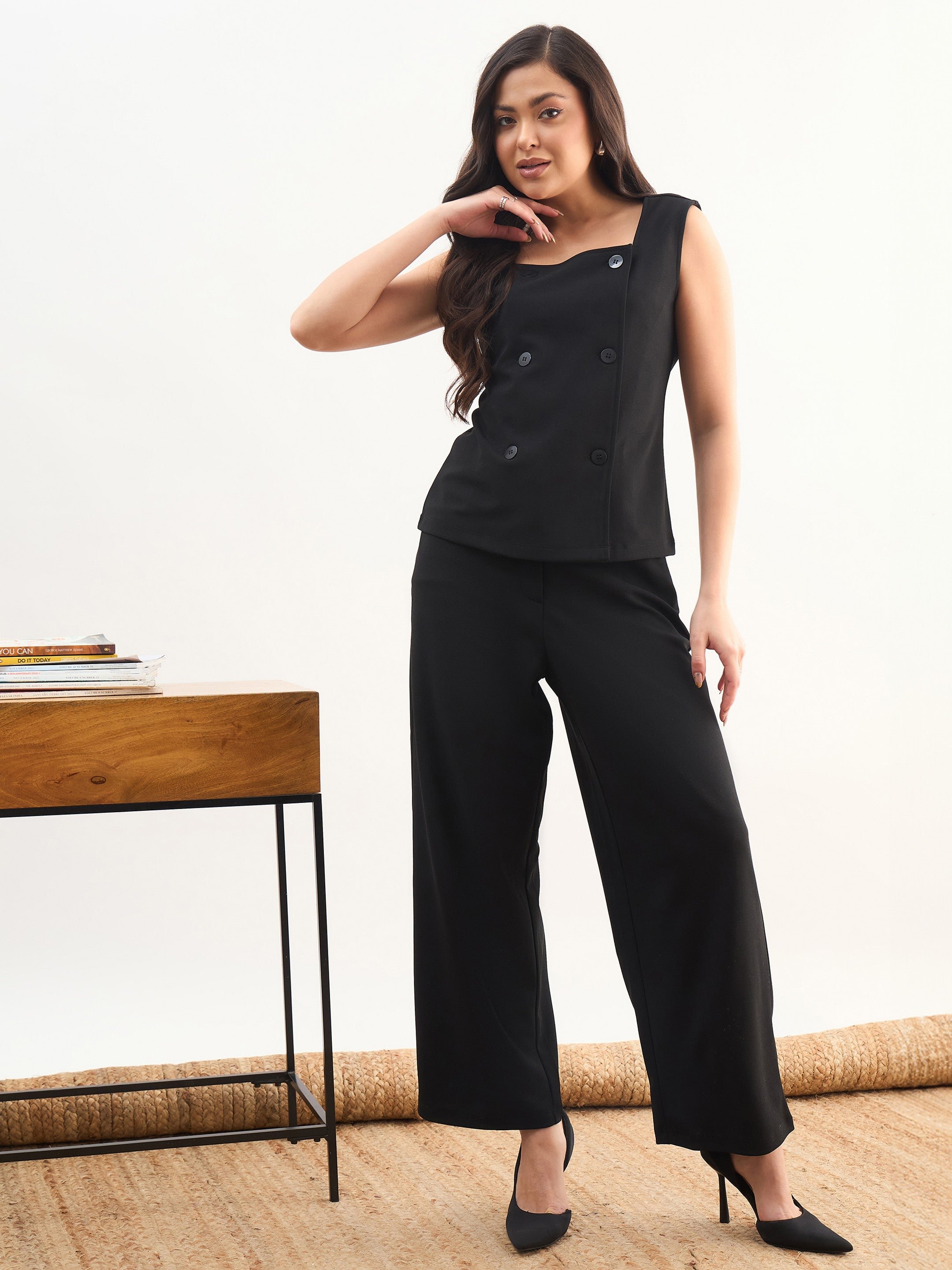 Black Sleeveless Button Top and Straight Trousers Co-ord Set