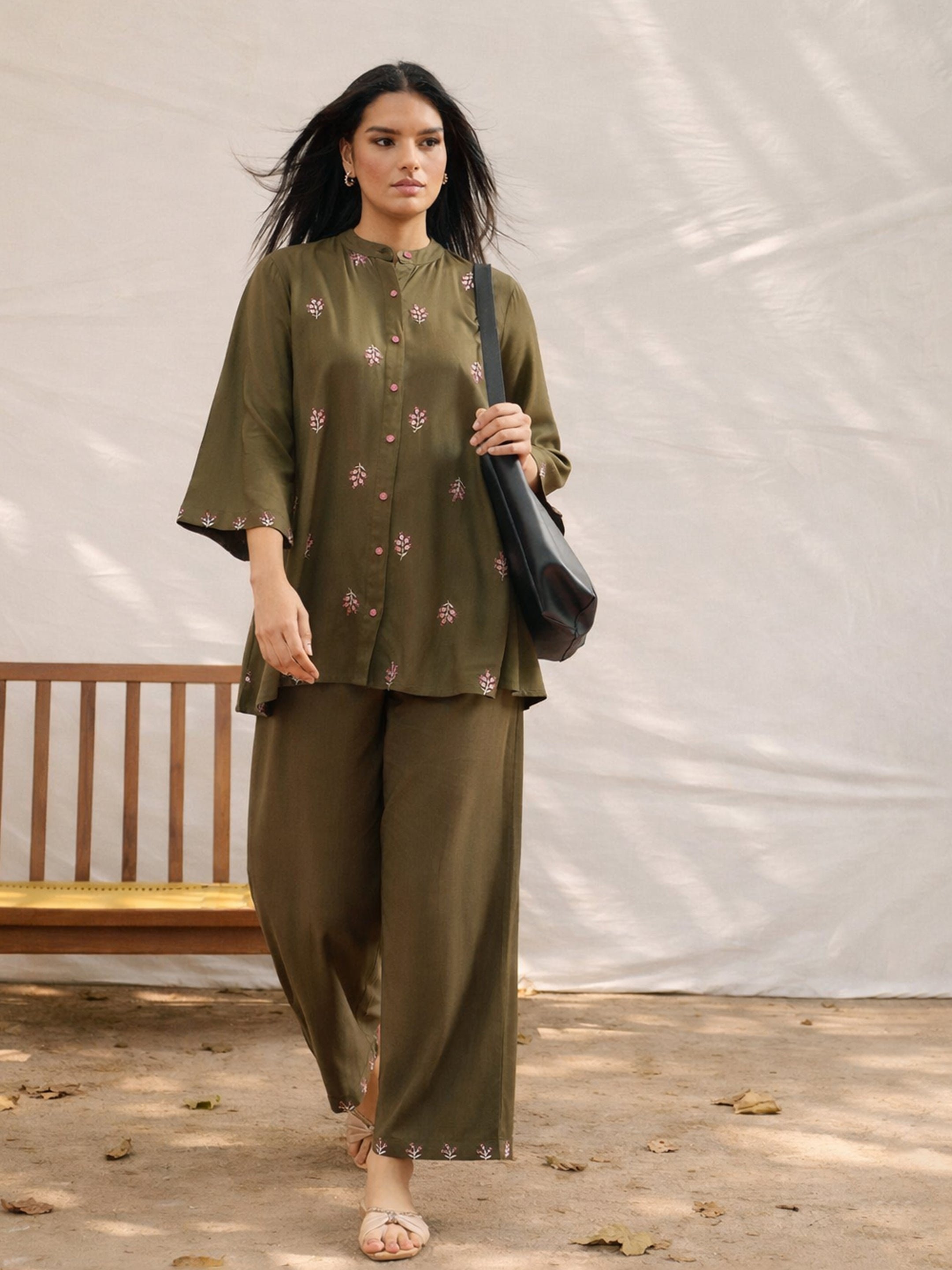Olive Floral Embroidered Shirt and Palazzos Set