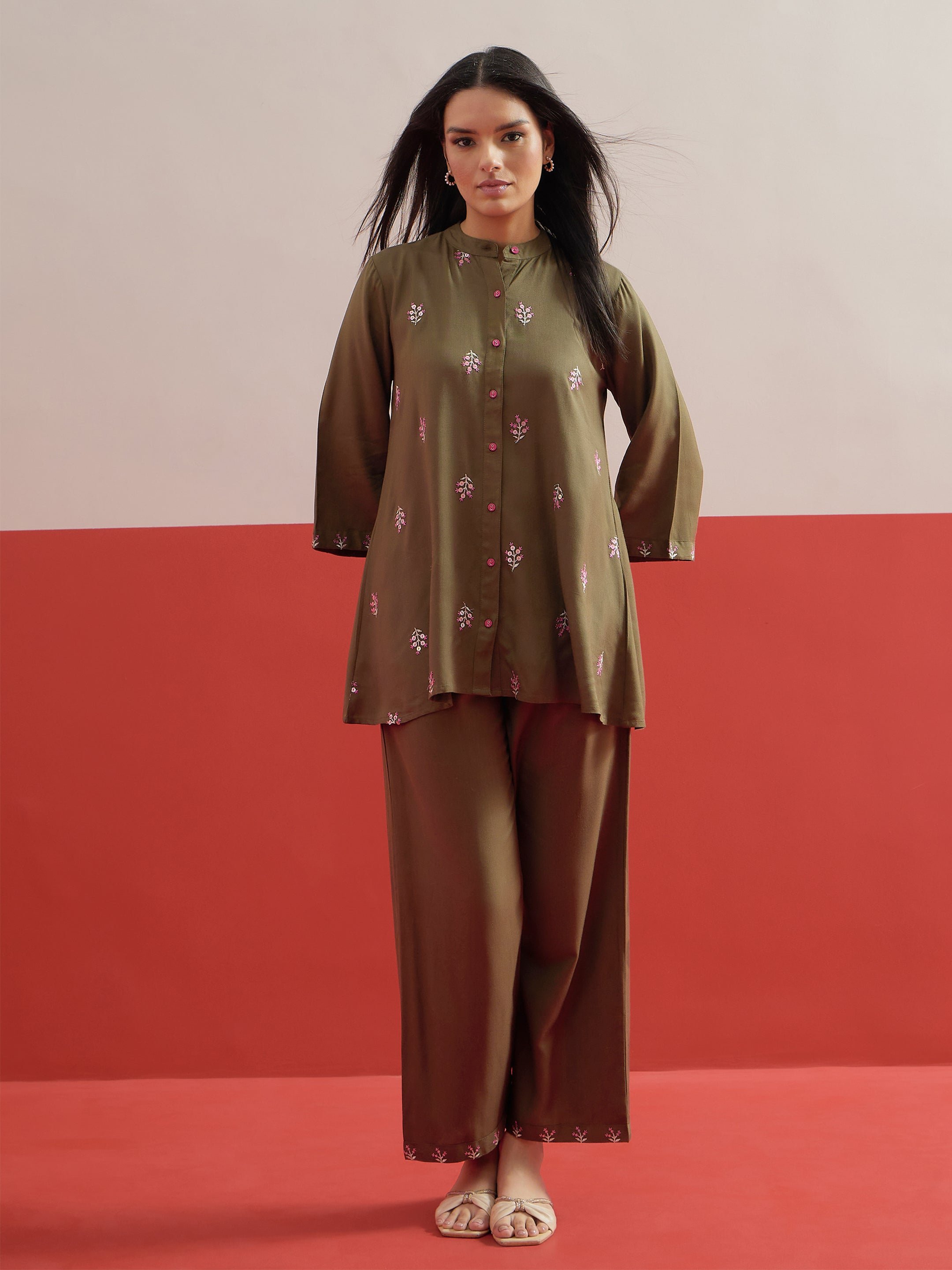 Olive Floral Embroidered Shirt and Palazzos Set