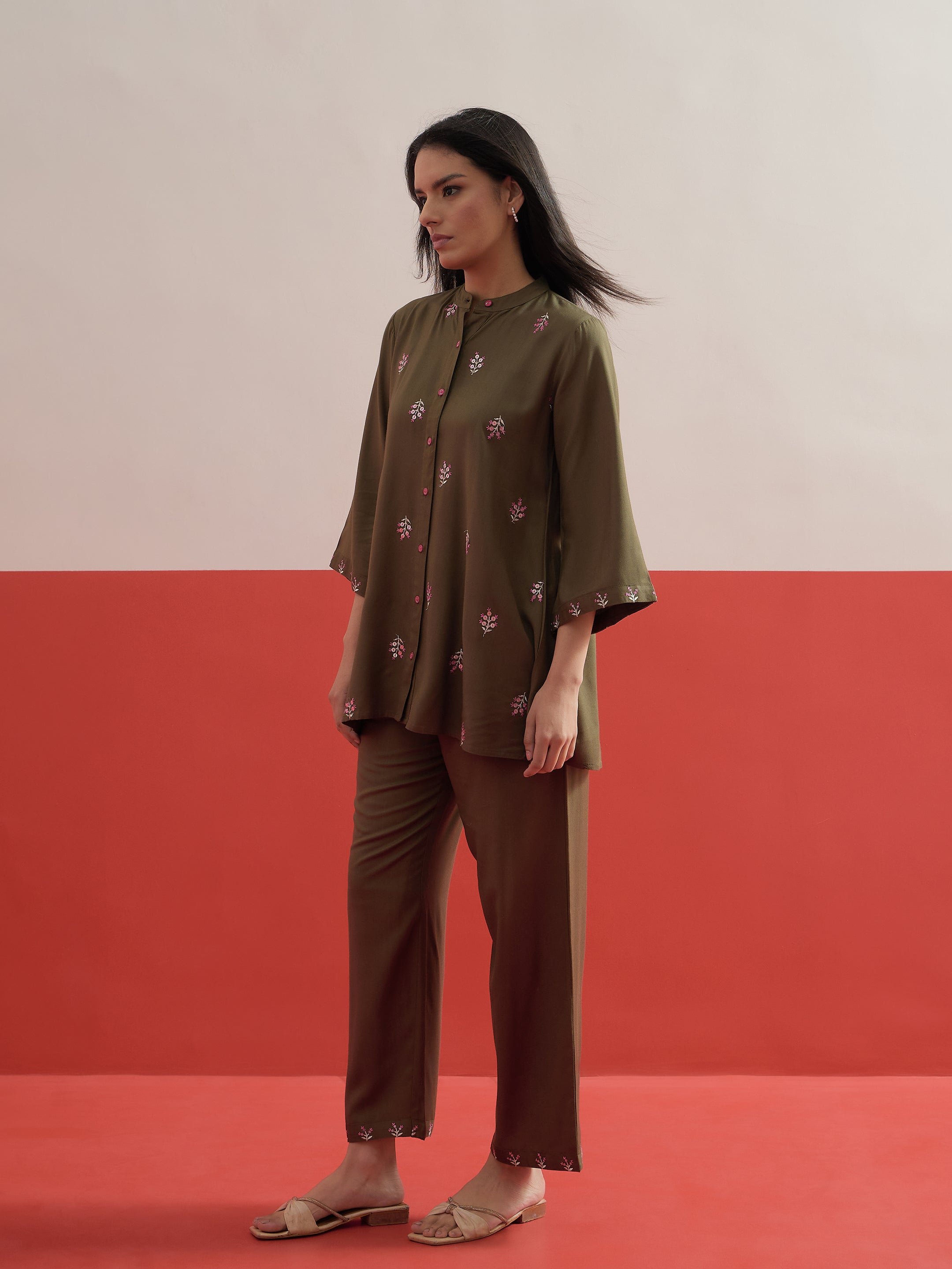 Olive Floral Embroidered Shirt and Palazzos Set