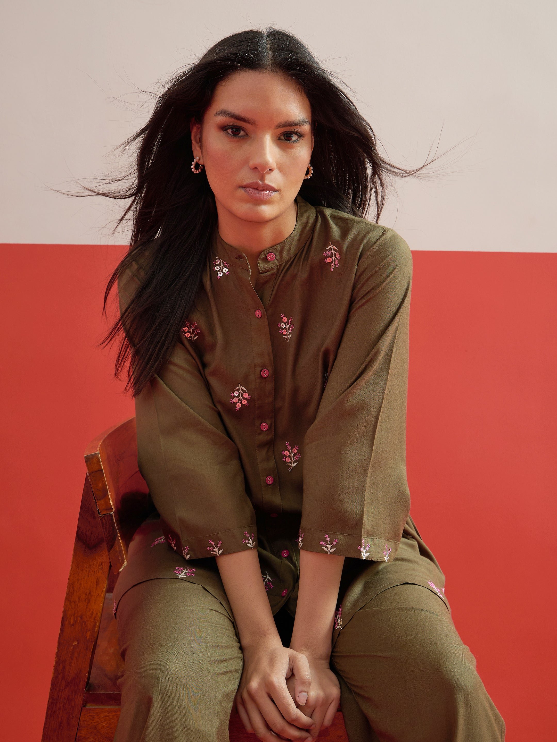 Olive Floral Embroidered Shirt and Palazzos Set