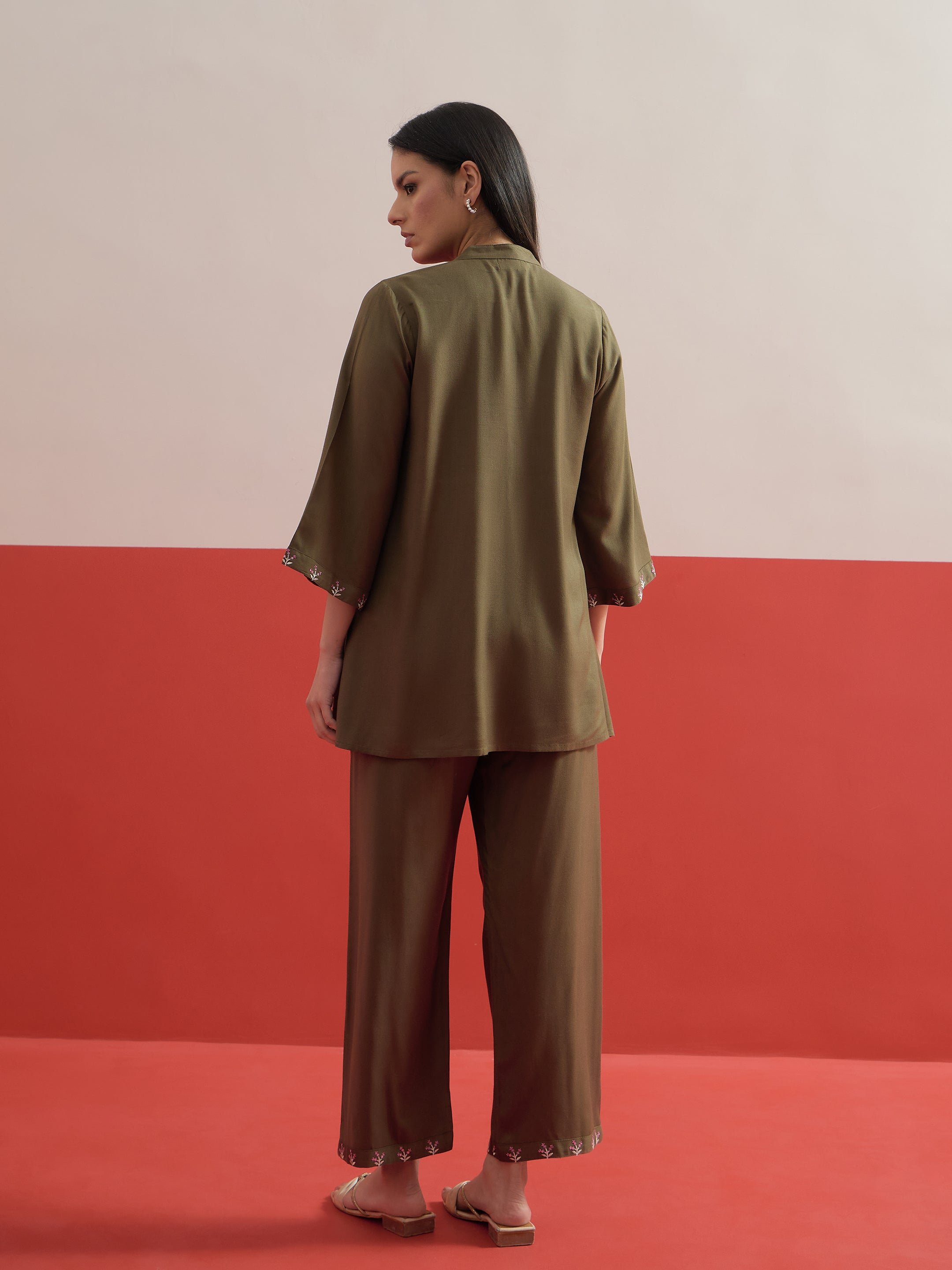 Olive Floral Embroidered Shirt and Palazzos Set