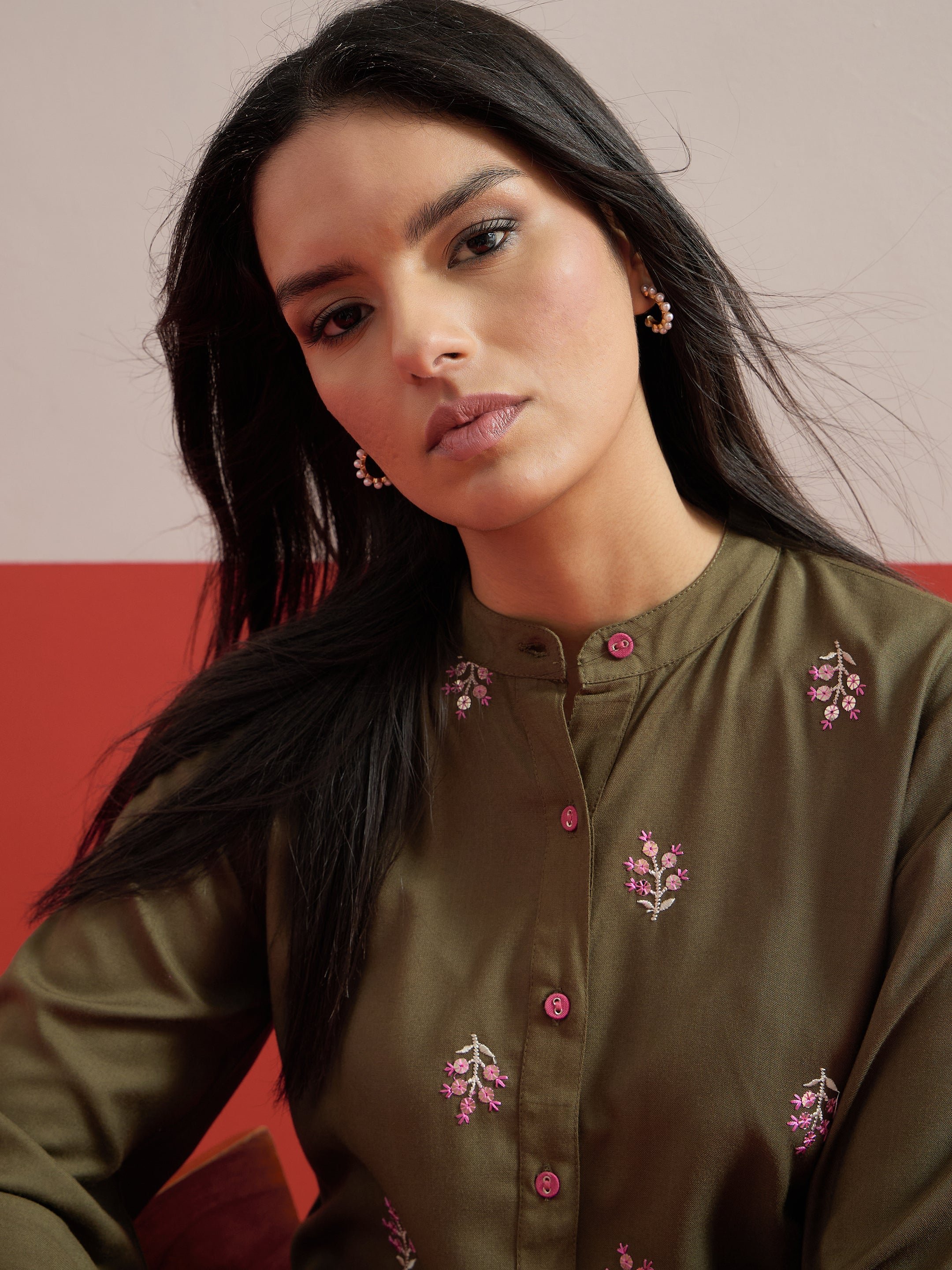 Olive Floral Embroidered Shirt and Palazzos Set
