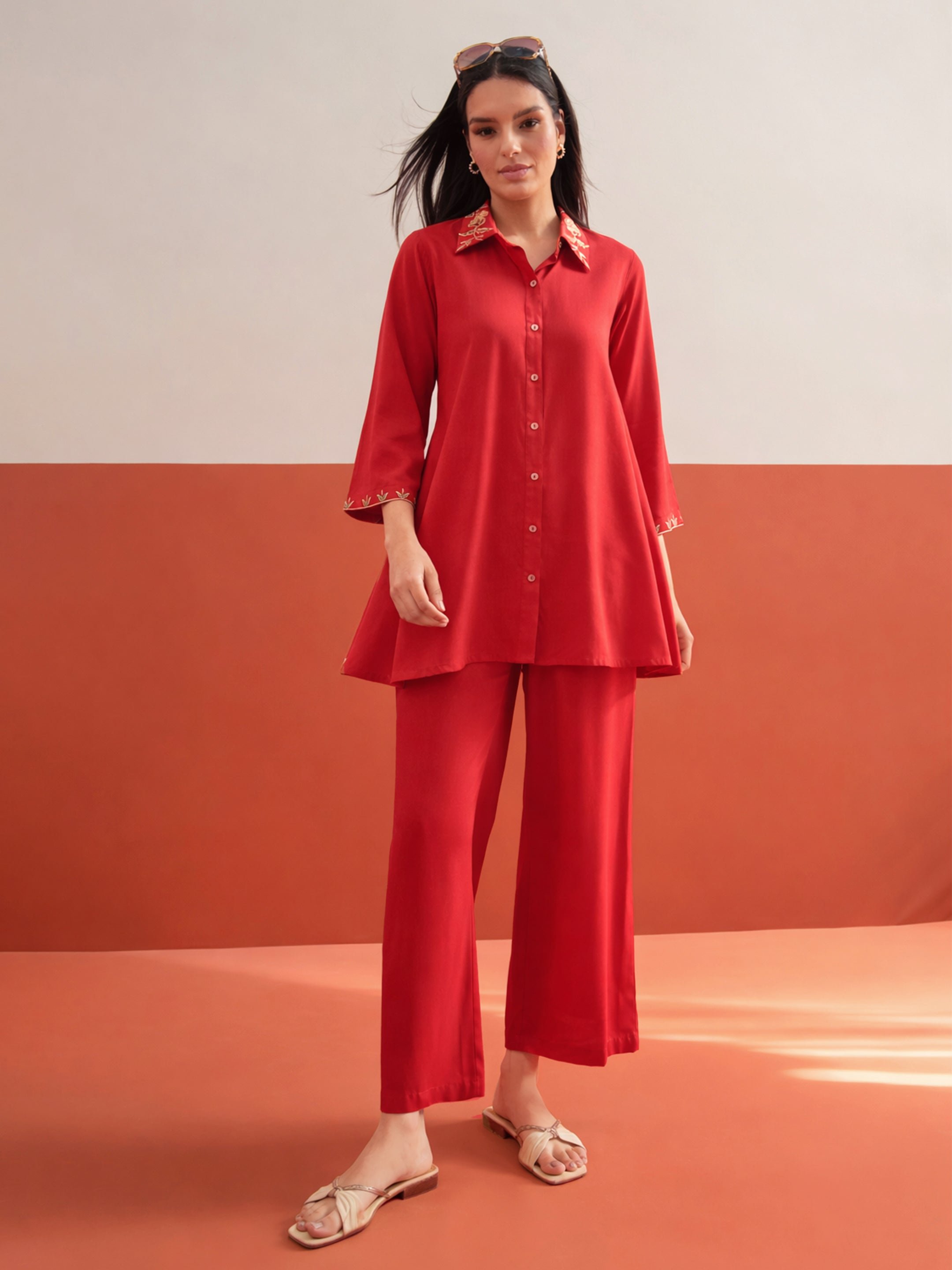 Red Zari Embroidered Shirt Collar Top and Palazzos Co-ord Set
