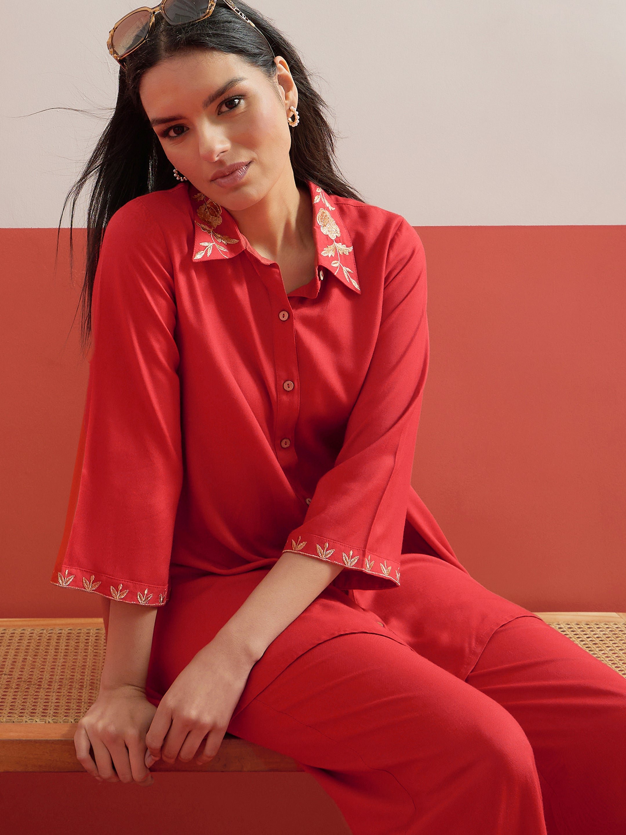Red Zari Embroidered Shirt Collar Top and Palazzos Co-ord Set