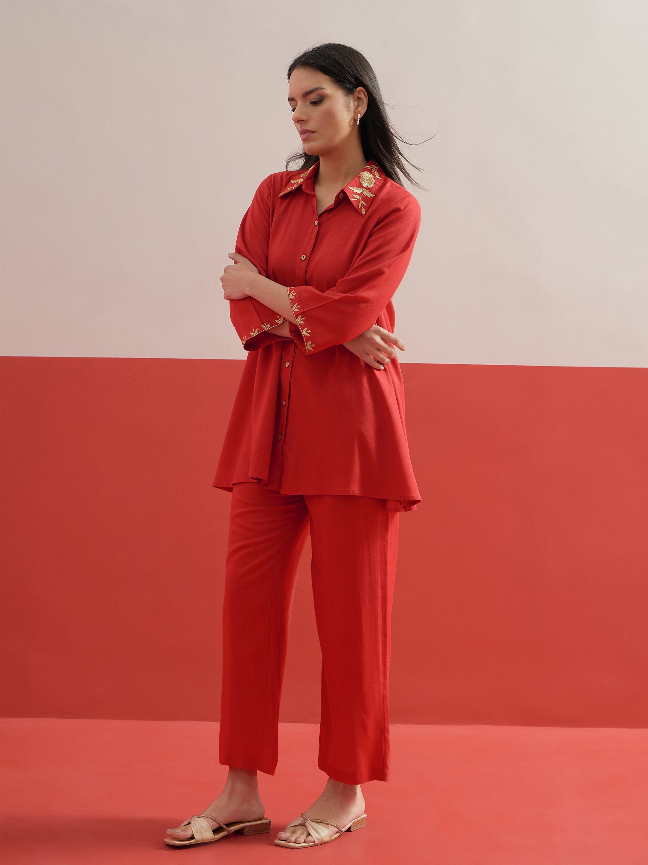Red Zari Embroidered Shirt Collar Top and Palazzos Co-ord Set