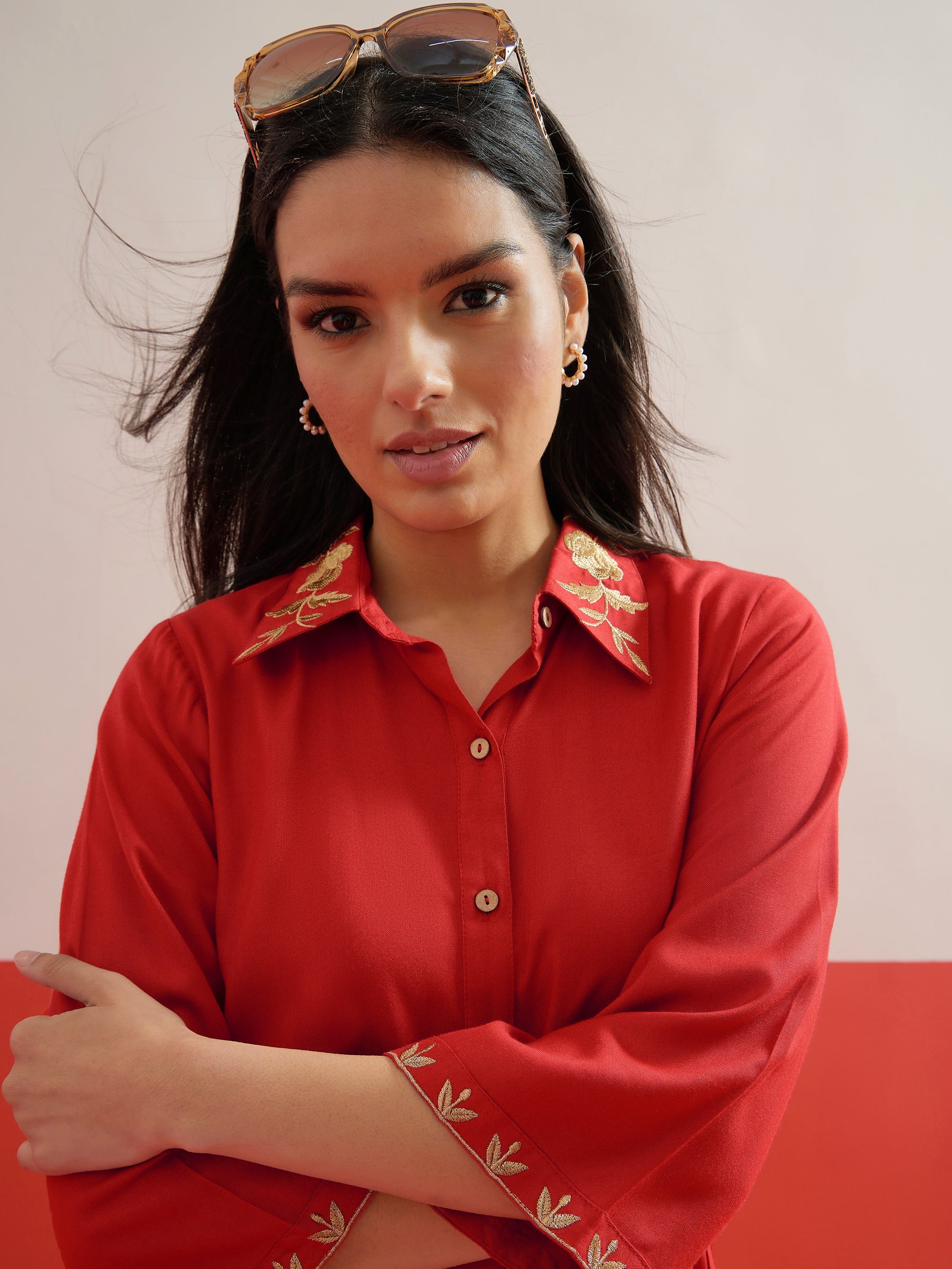 Red Zari Embroidered Shirt Collar Top and Palazzos Co-ord Set