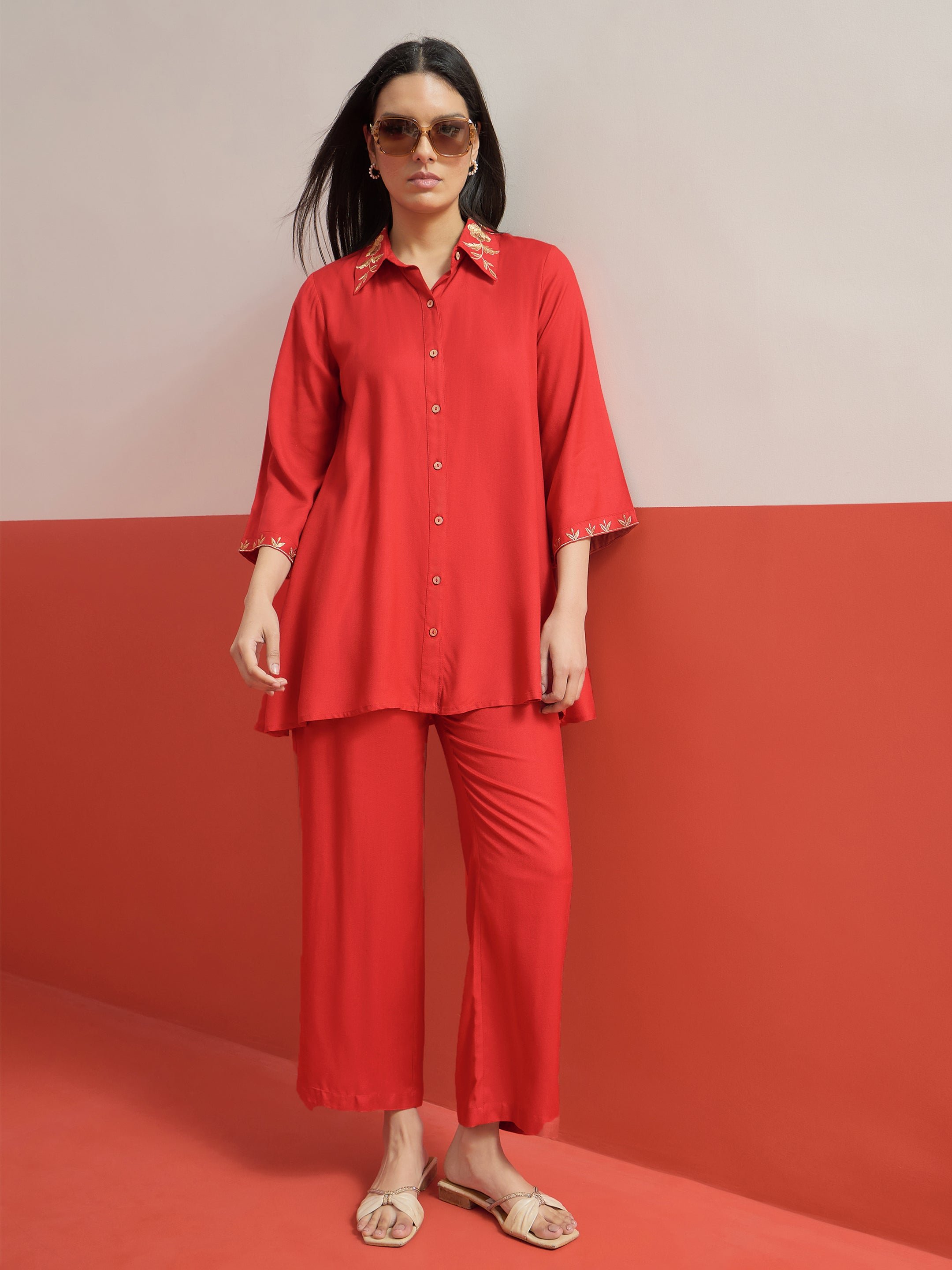 Red Zari Embroidered Shirt Collar Top and Palazzos Co-ord Set