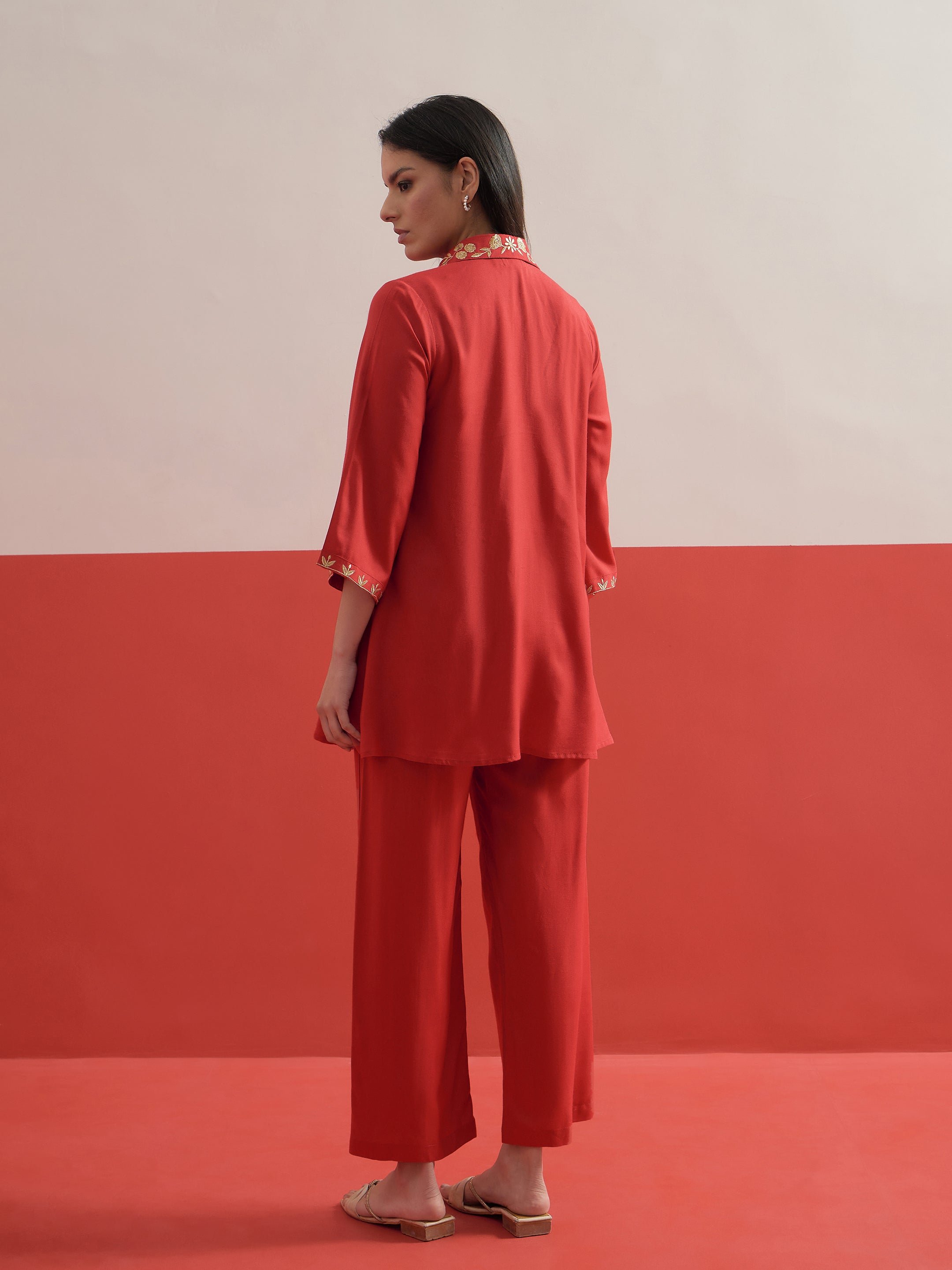 Red Zari Embroidered Shirt Collar Top and Palazzos Co-ord Set