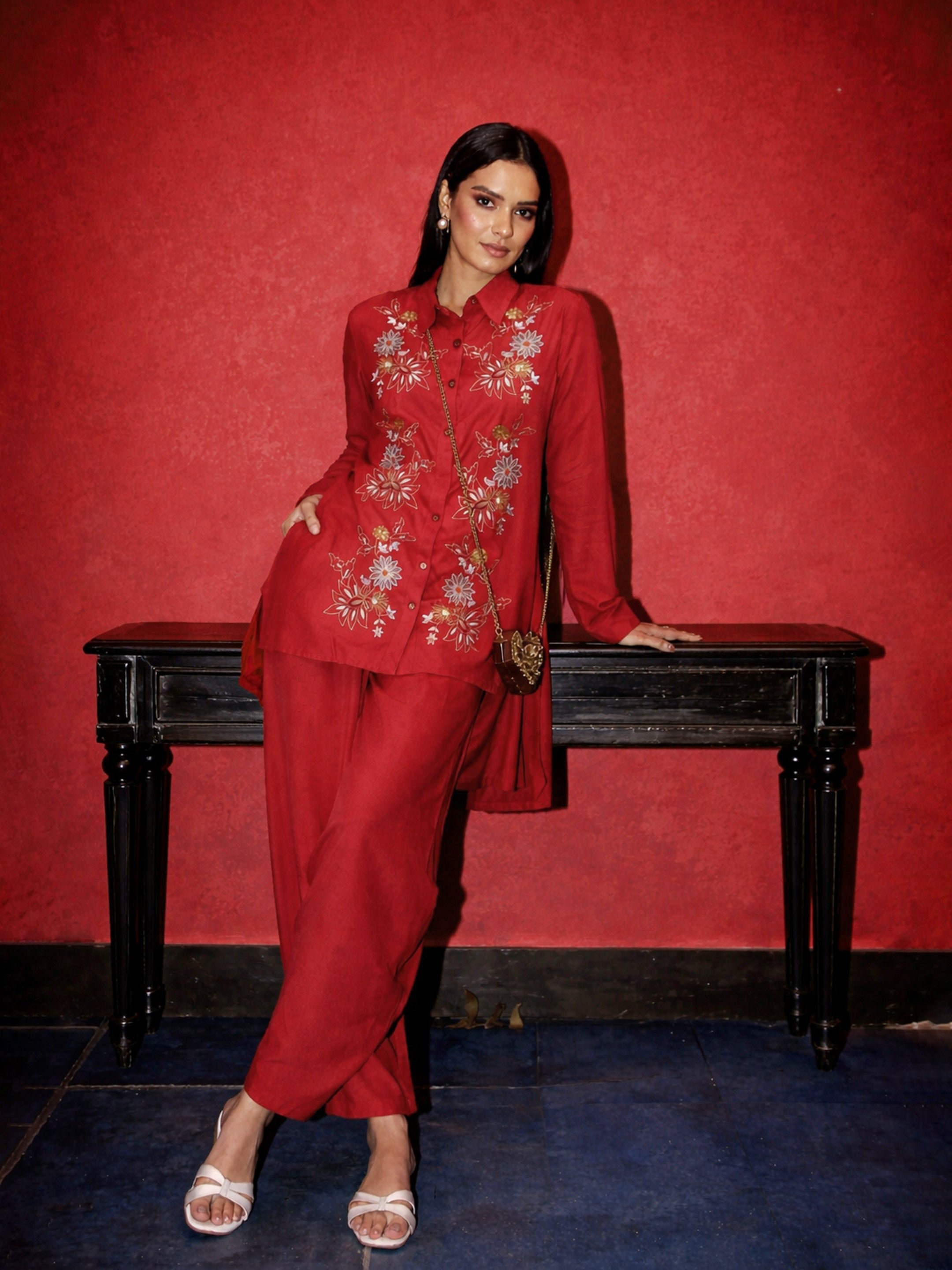 Red Embroidered Hi-Low Shirt and Balloon Pants Co-ord Set