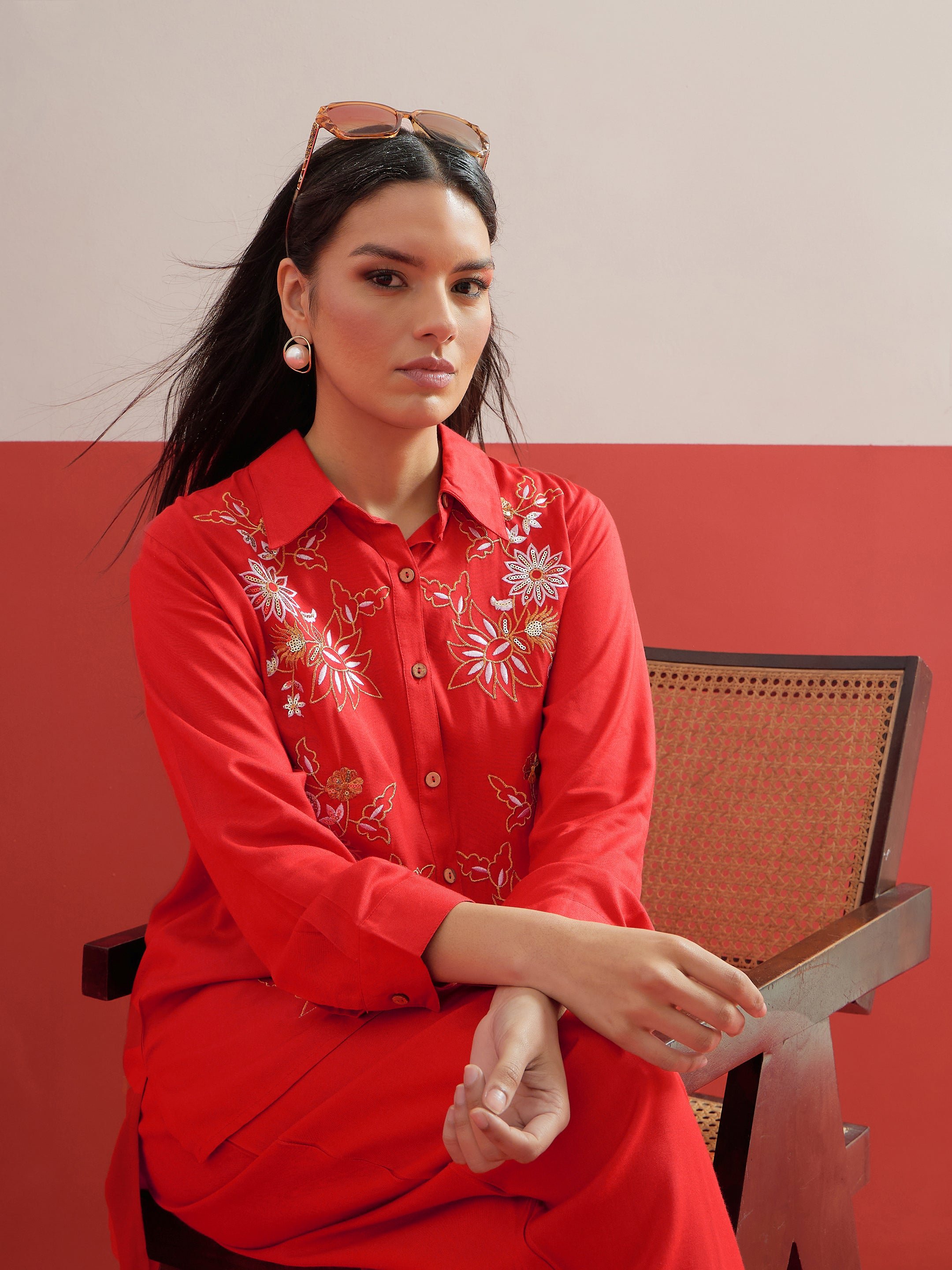 Red Embroidered Hi-Low Shirt and Balloon Pants Co-ord Set