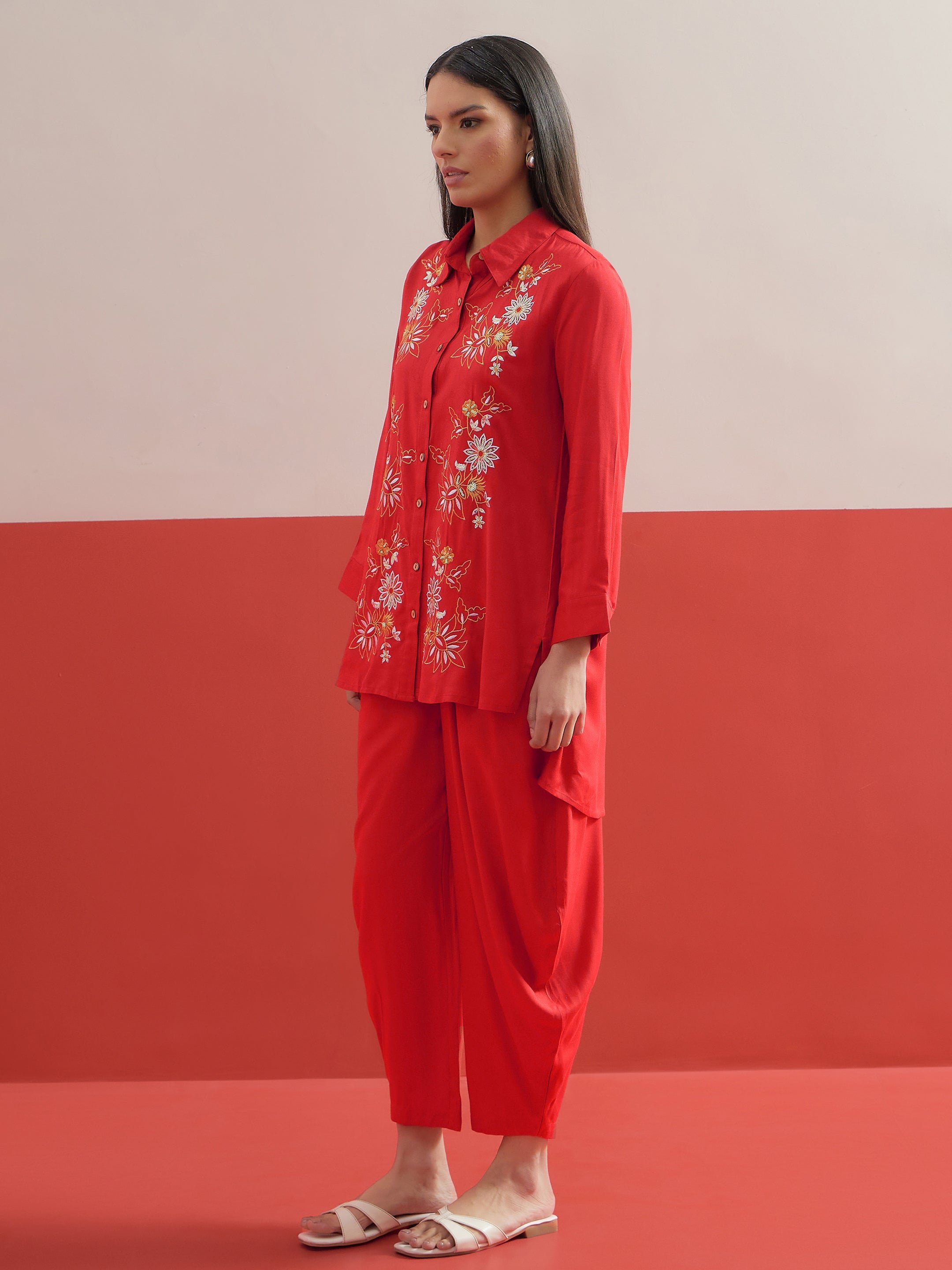 Red Embroidered Hi-Low Shirt and Balloon Pants Co-ord Set