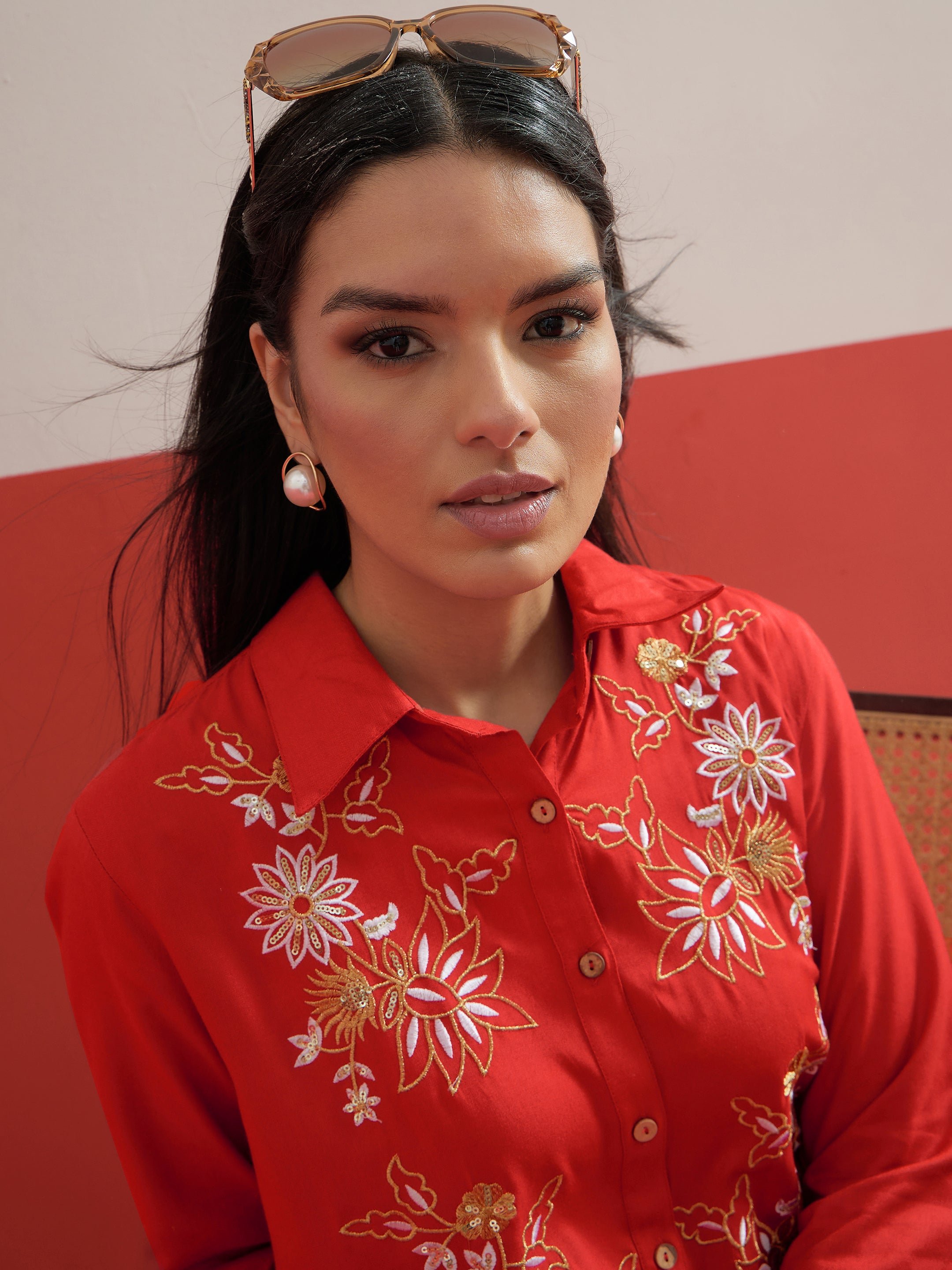 Red Embroidered Hi-Low Shirt and Balloon Pants Co-ord Set