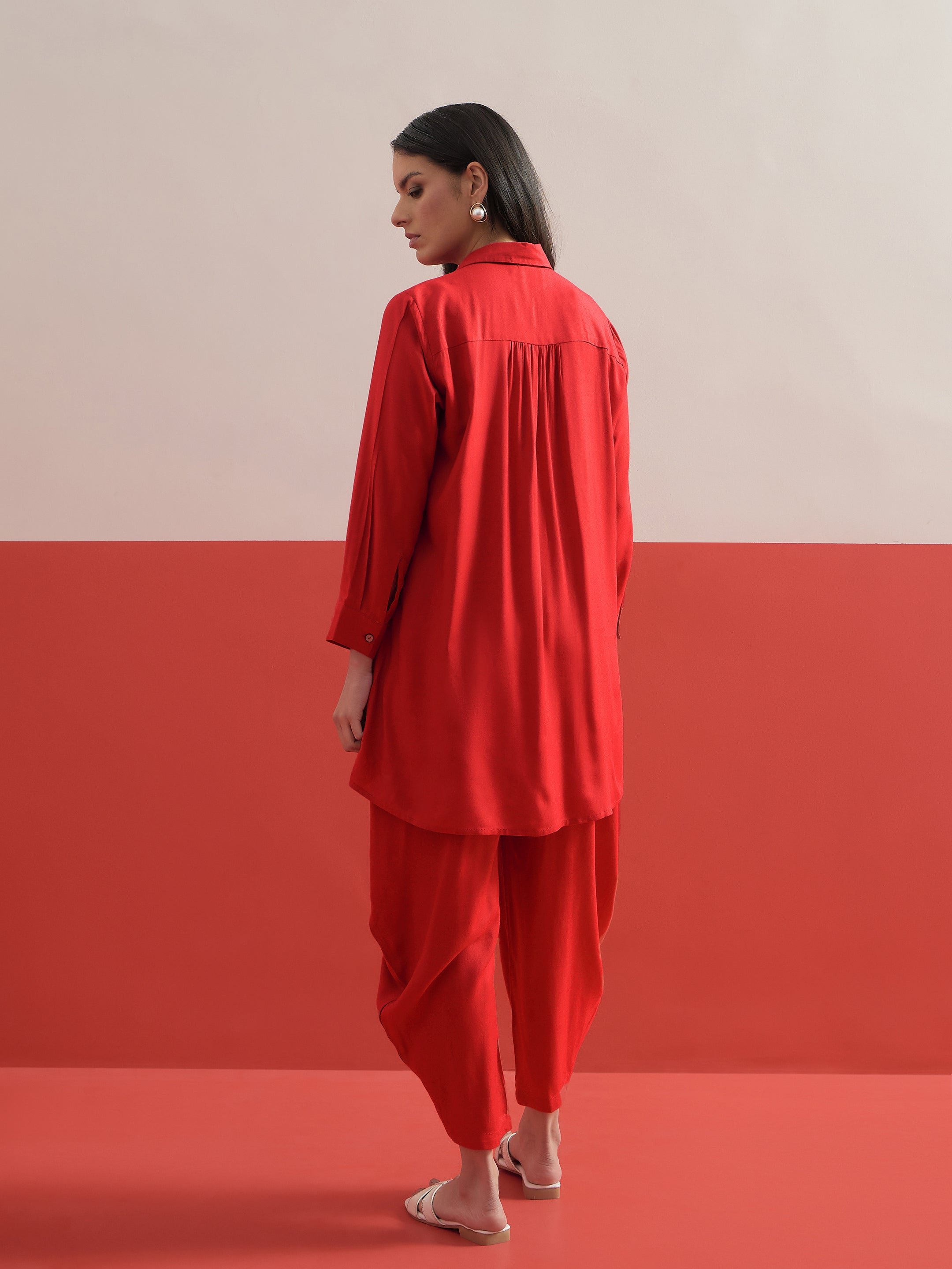 Red Embroidered Hi-Low Shirt and Balloon Pants Co-ord Set